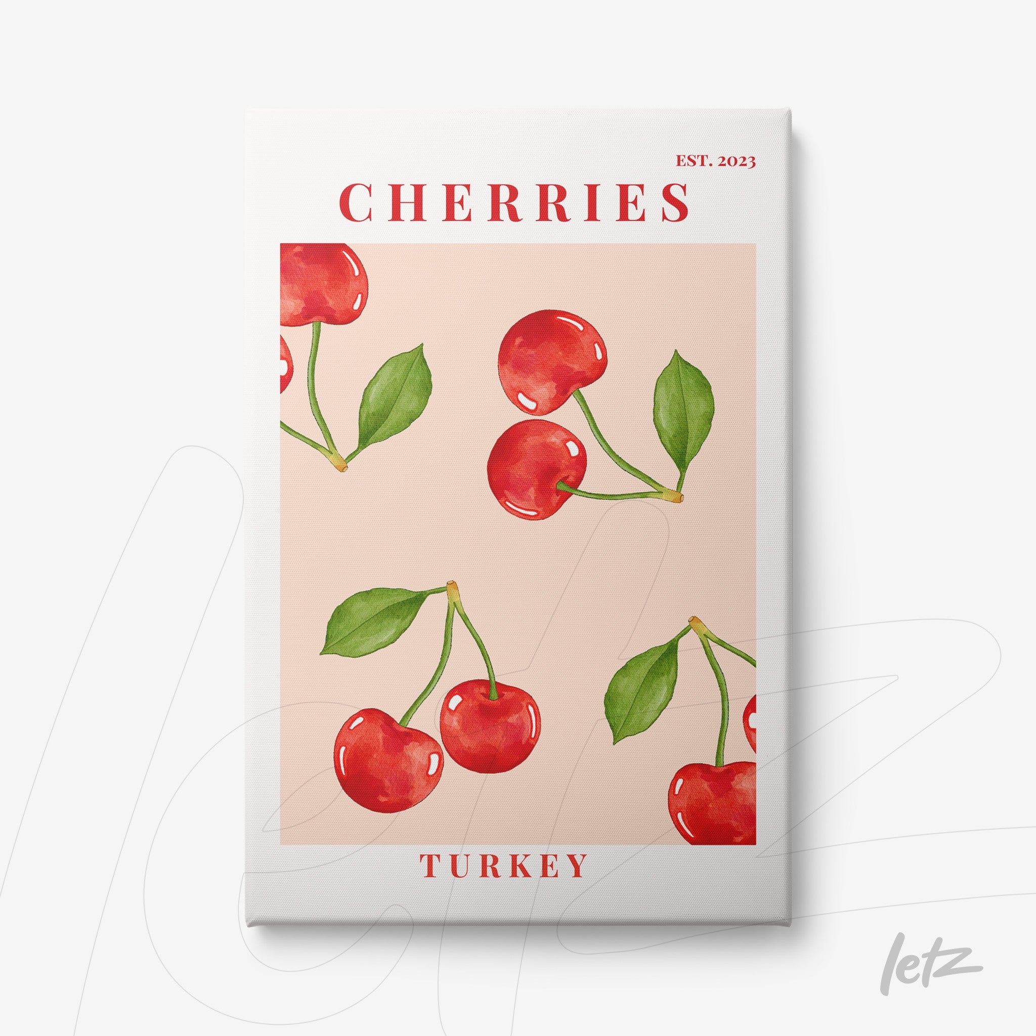 canvas print featuring red cherries illustration on pink background with green leaves and 'CHERRIES' text at the top