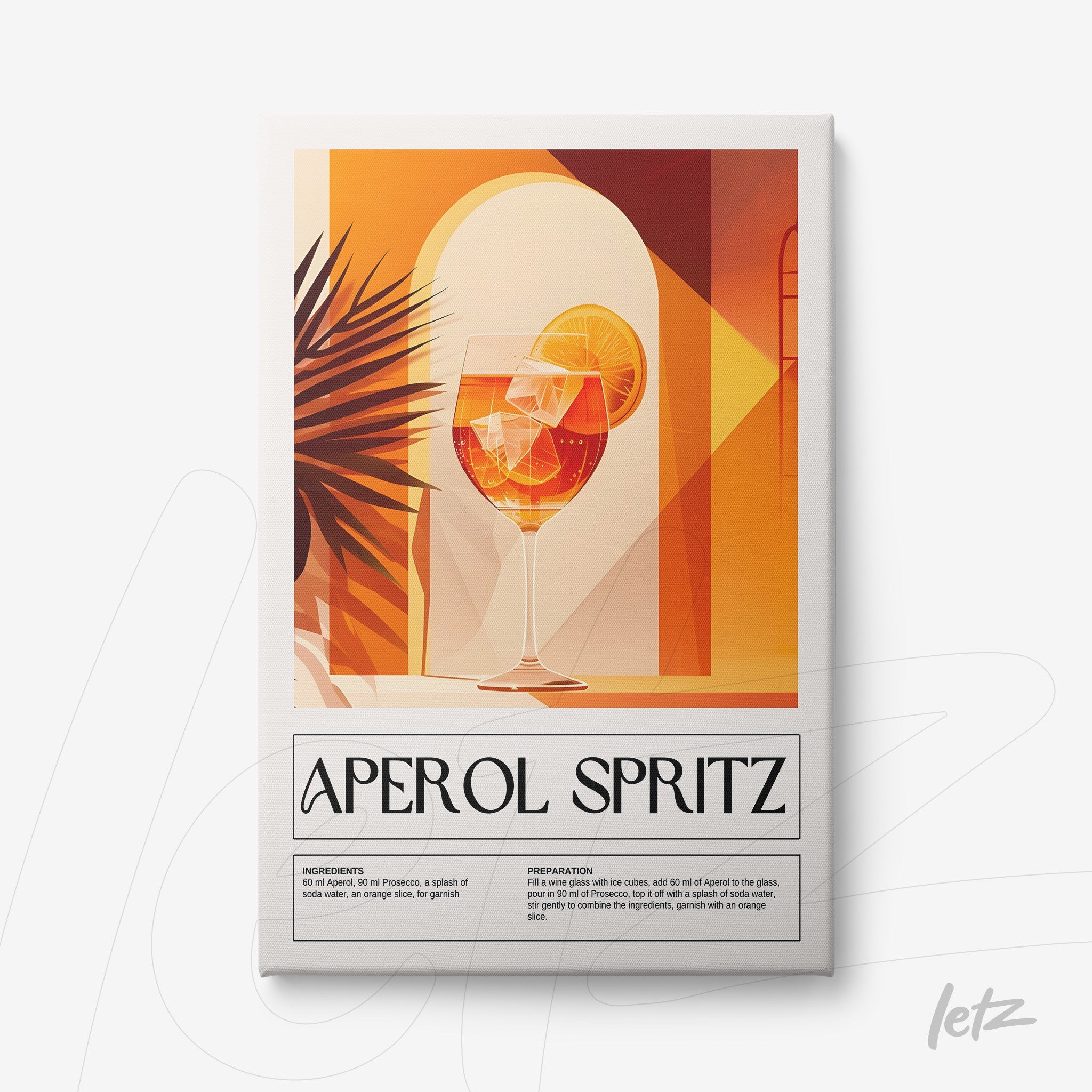 framed artwork featuring an aperol spritz cocktail illustration with a white frame, orange background, and geometric elements