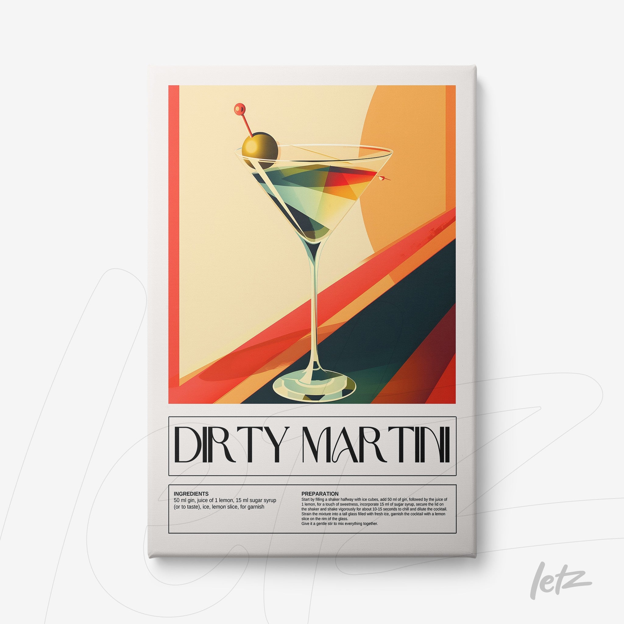 framed artwork featuring vector illustration of a dirty martini cocktail, vibrant background with geometric shapes