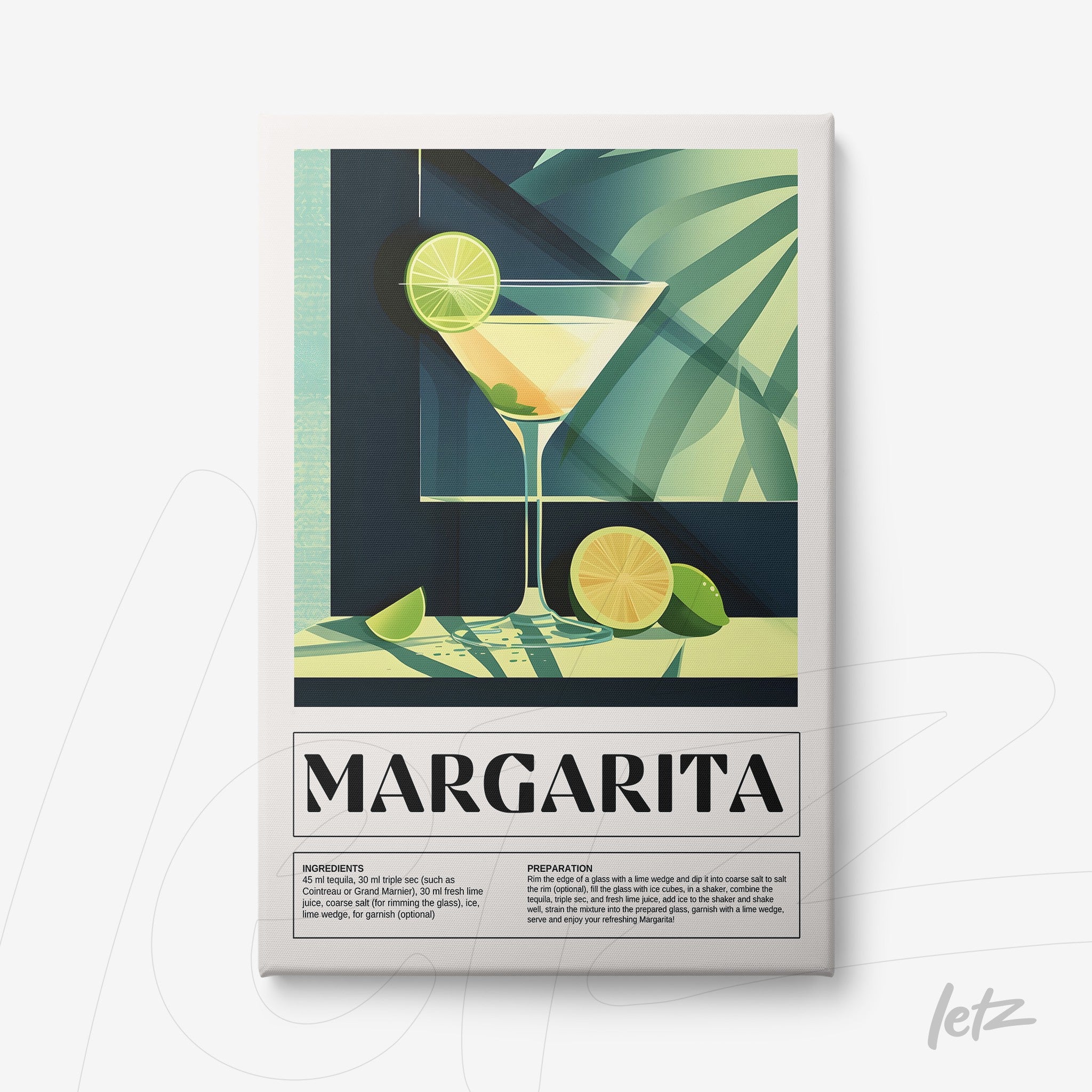 canvas print featuring a modern illustration of a margarita in a glass, with limes and leaves in the background
