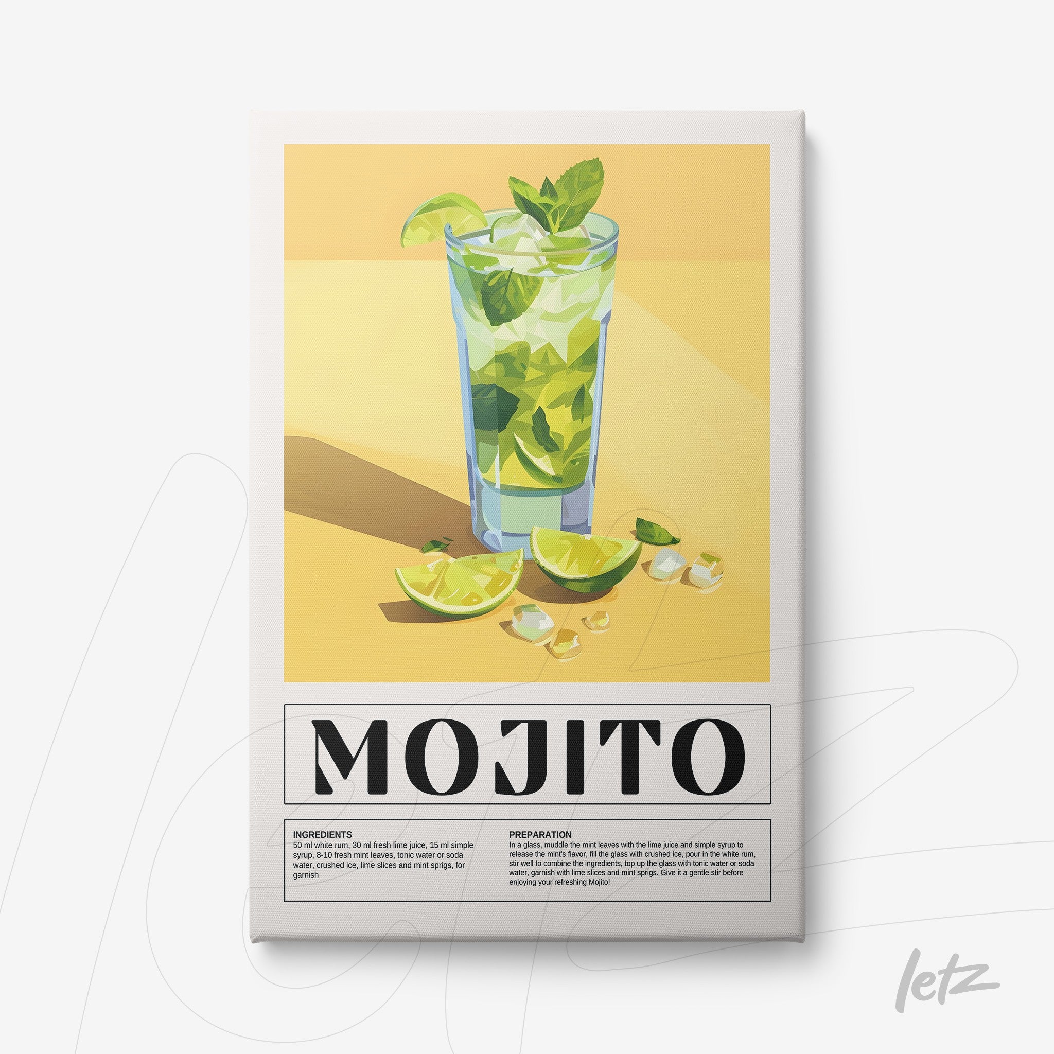 framed art of mojito cocktail in tall glass with sliced limes and mint leaves against a yellow background