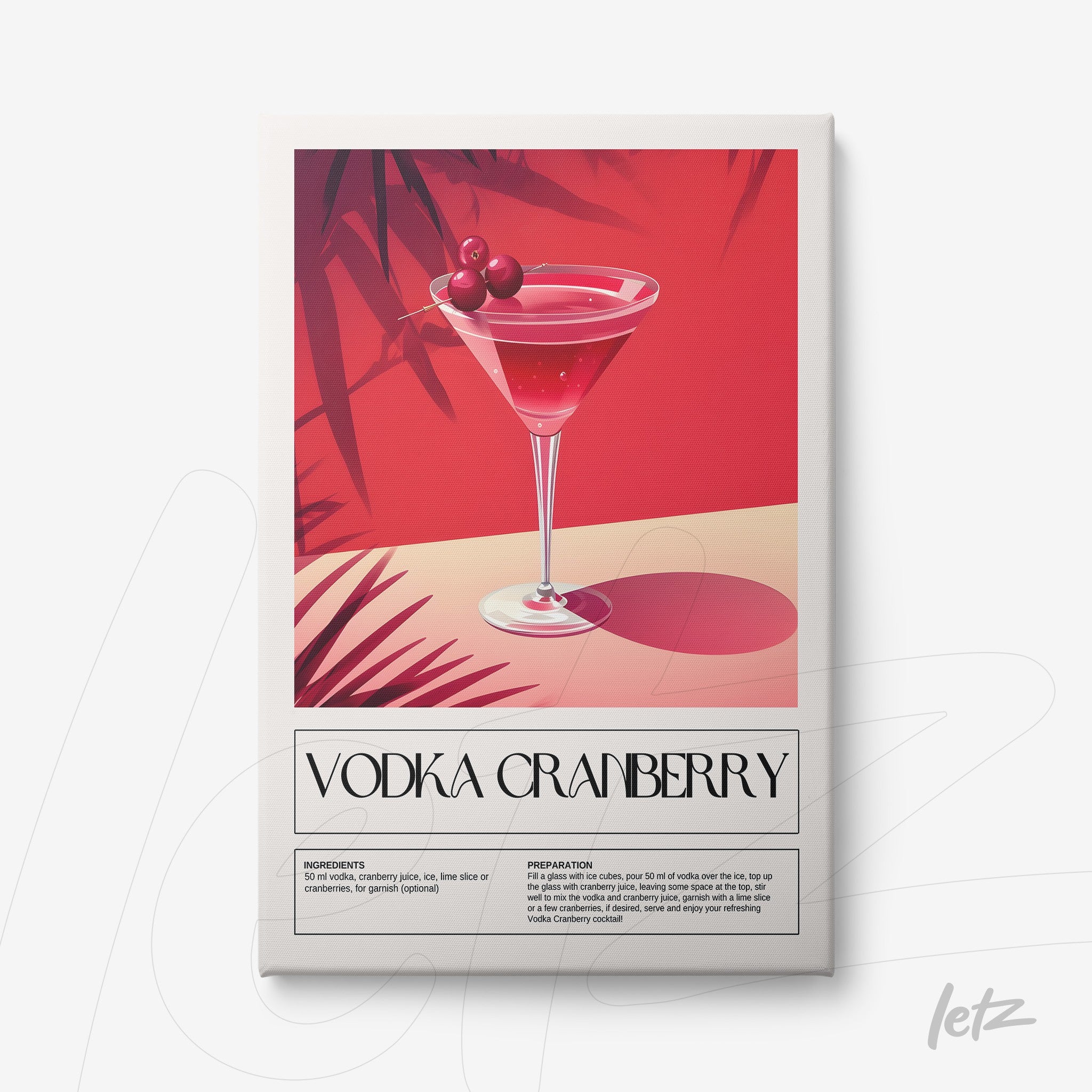 graphic art print of vodka cranberry cocktail on vibrant red background