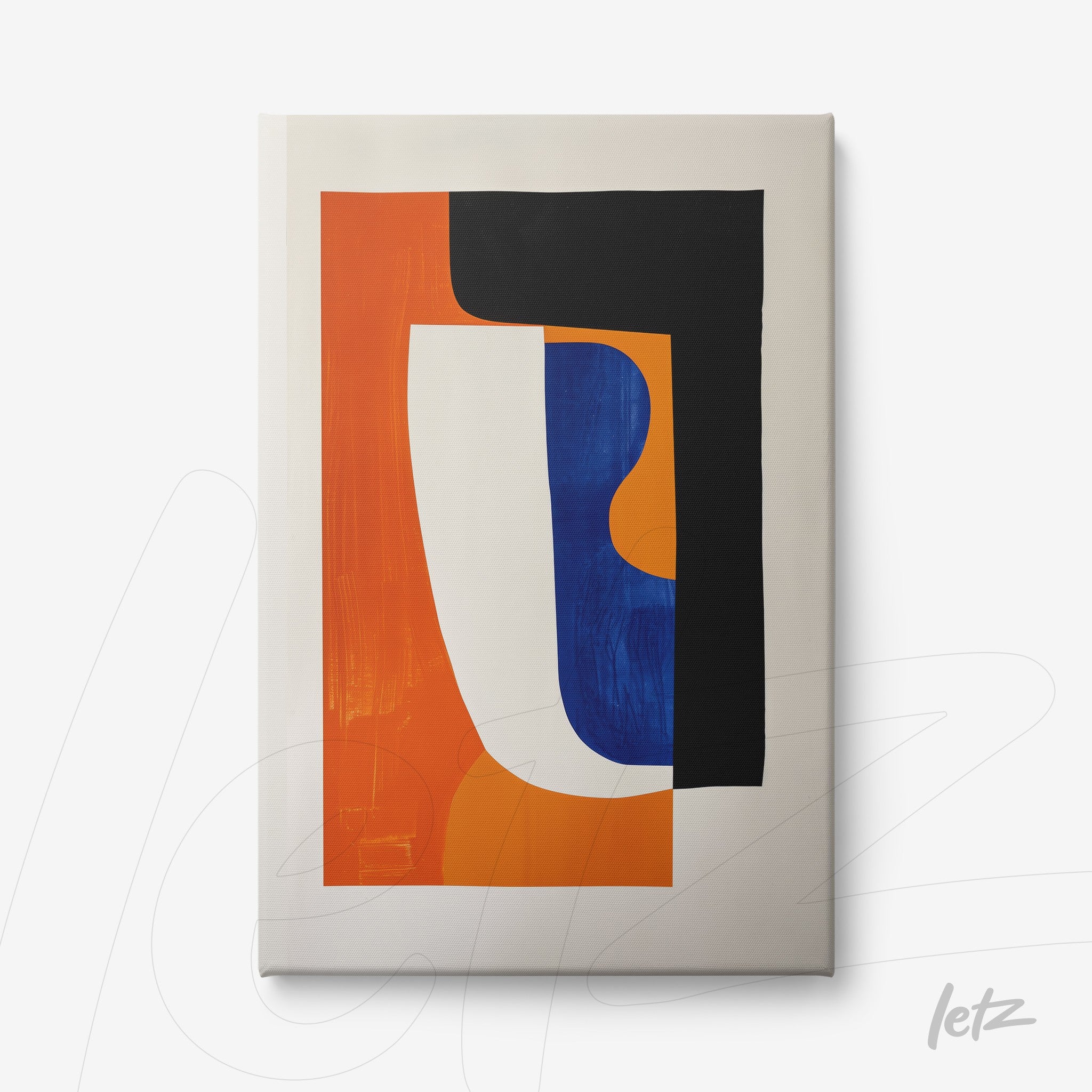 modern art featuring abstract shapes in vibrant colors like orange, blue, and black on a light background