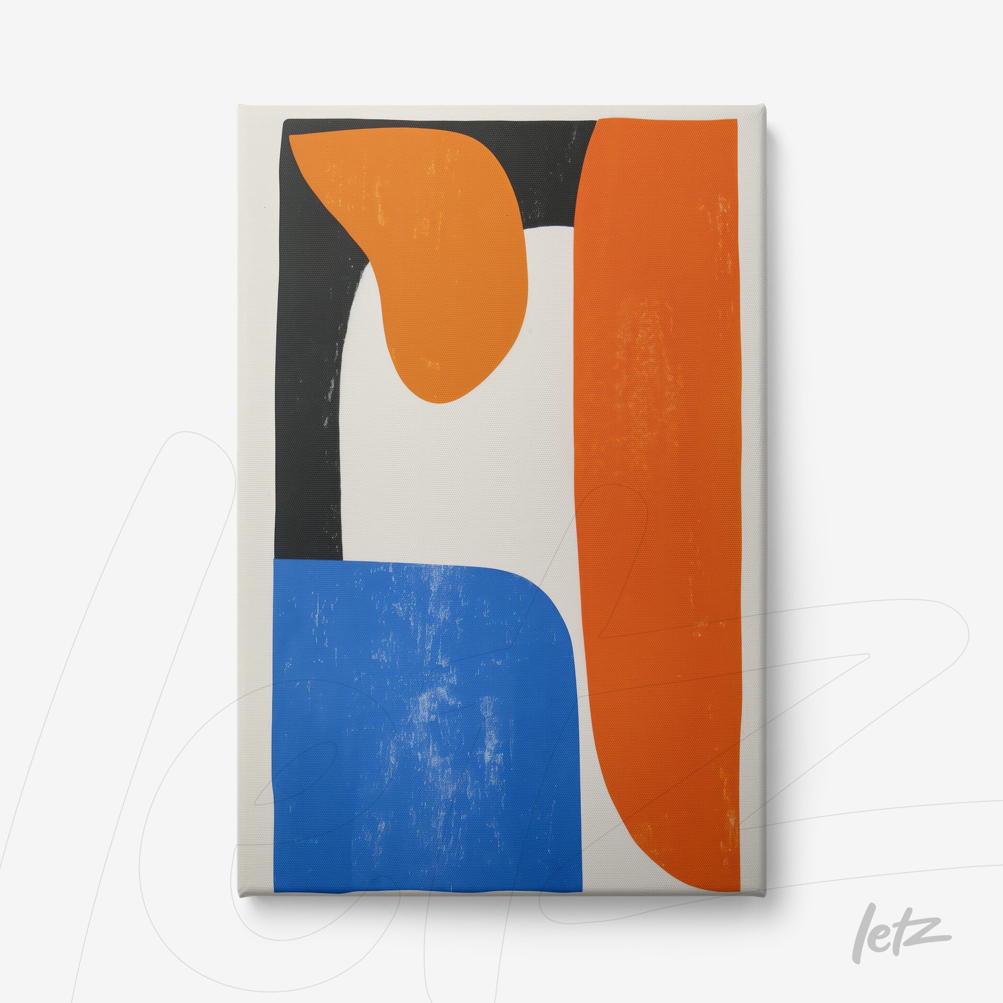 canvas wall art featuring abstract shapes in orange, blue, and black