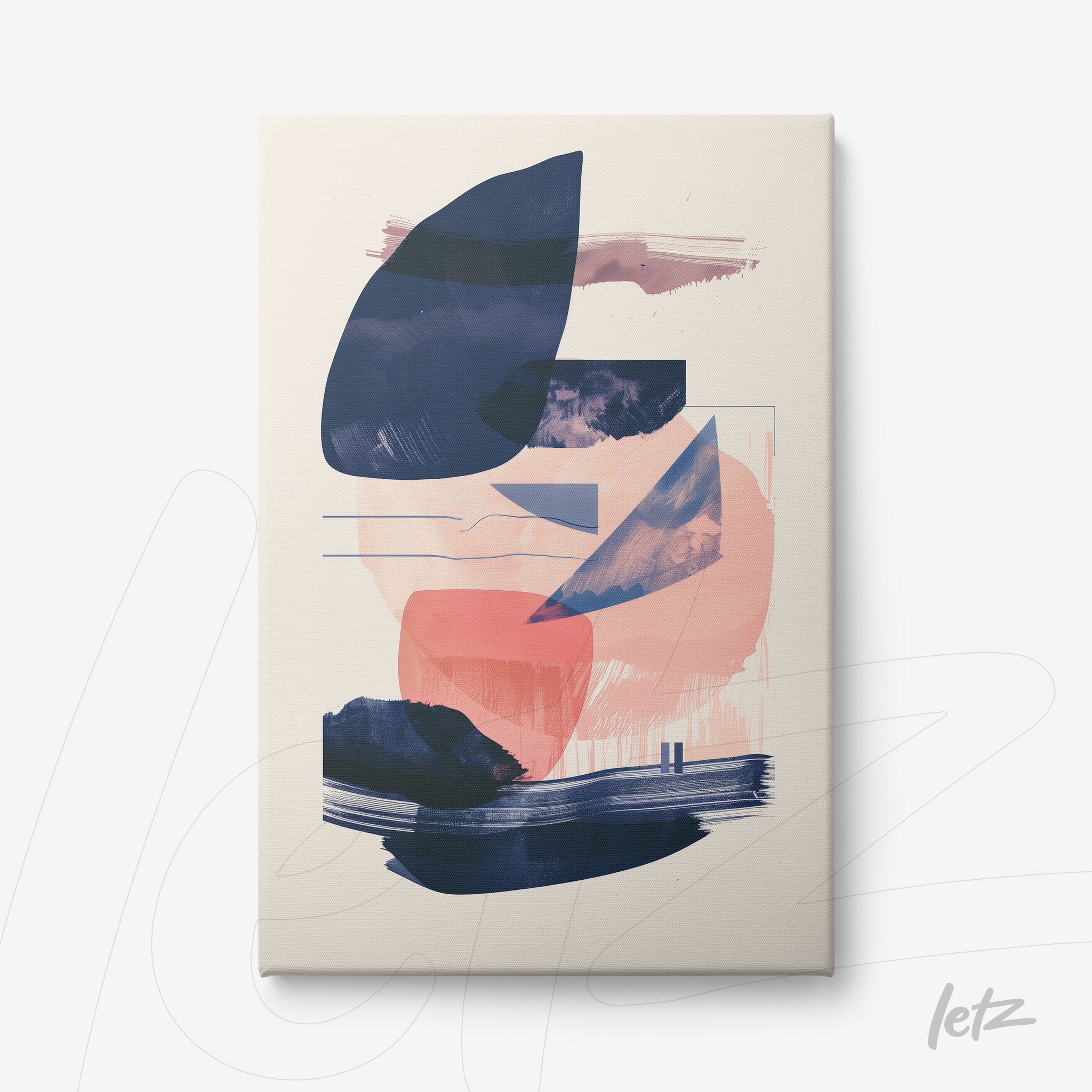 canvas art featuring abstract design in shades of blue and pink with organic shapes on a light background