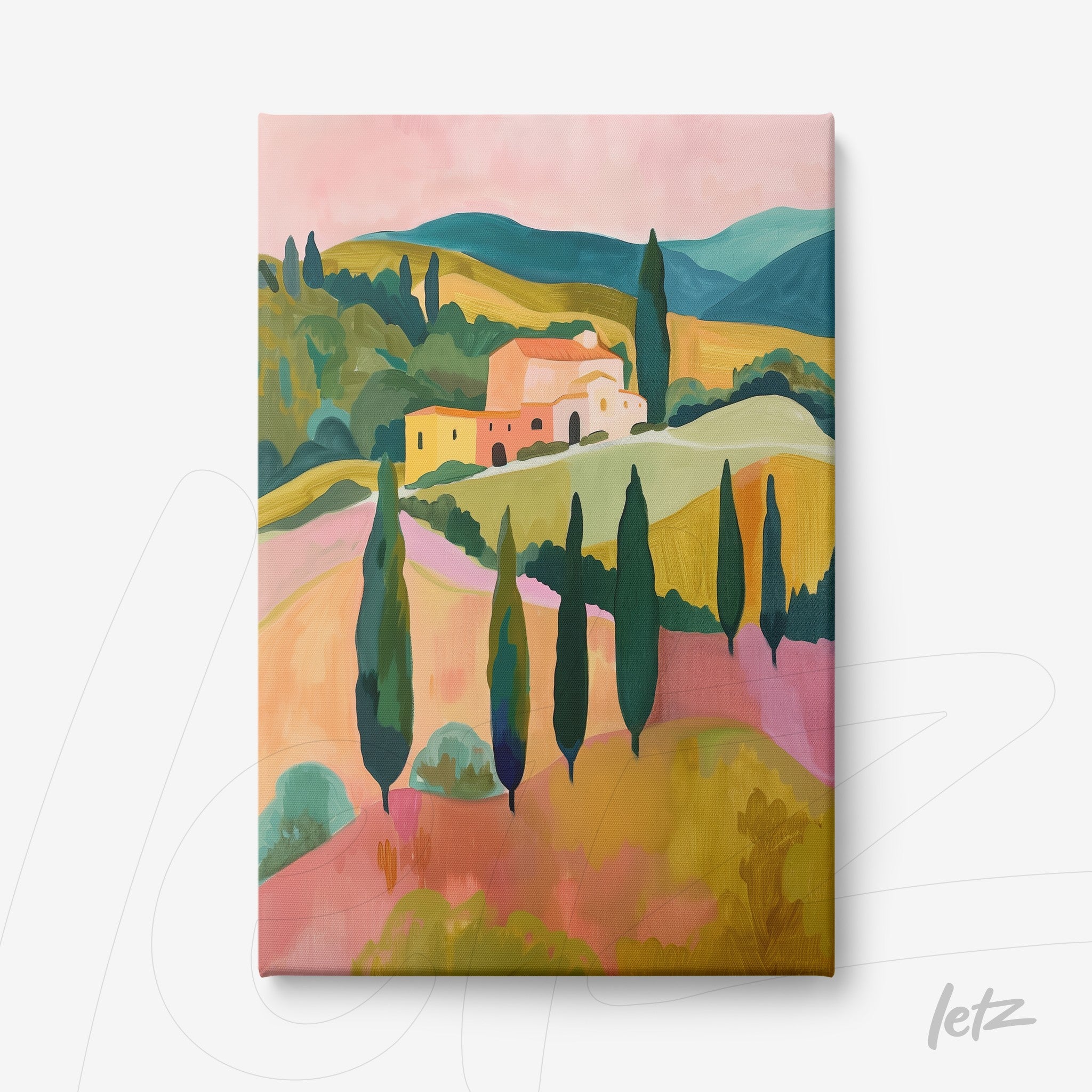 canvas print featuring an illustrated tuscan landscape with cypress trees and a house in pastel colors