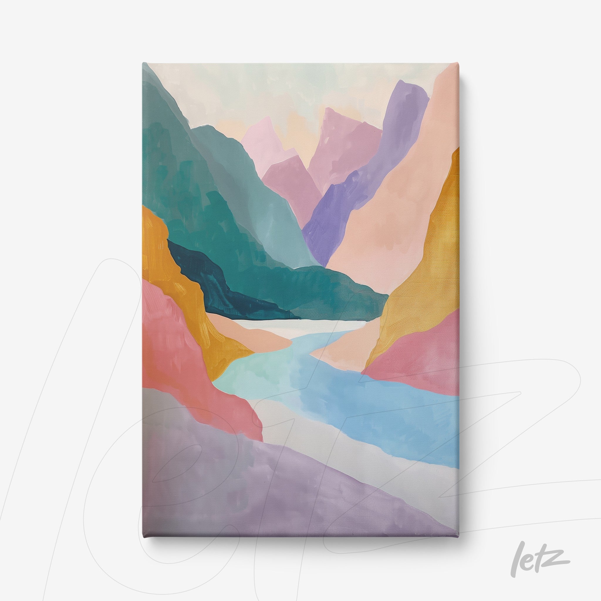 canvas art featuring an abstract landscape of pastel mountains and a winding river