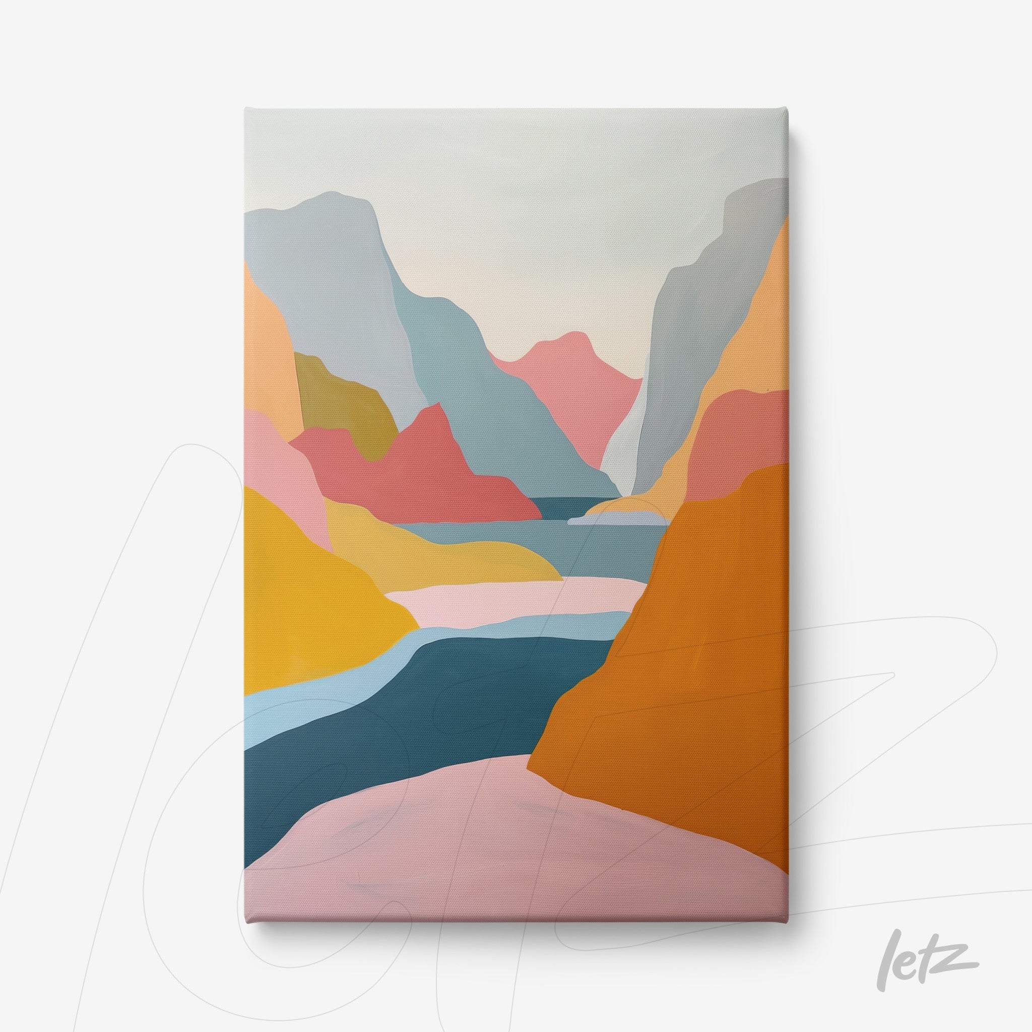 canvas artwork depicting abstract mountainous landscape in pastel and vibrant colors