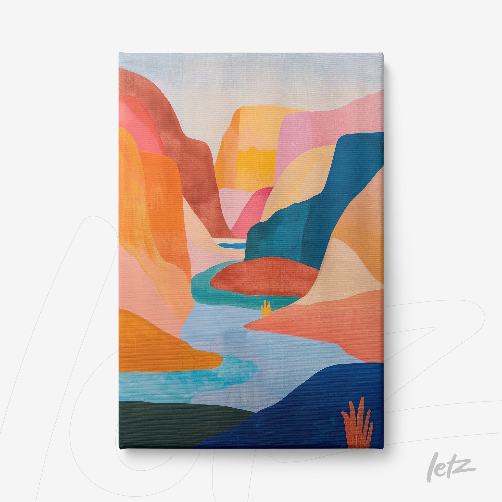 canvas print featuring an abstract landscape of a colorful canyon with a winding river