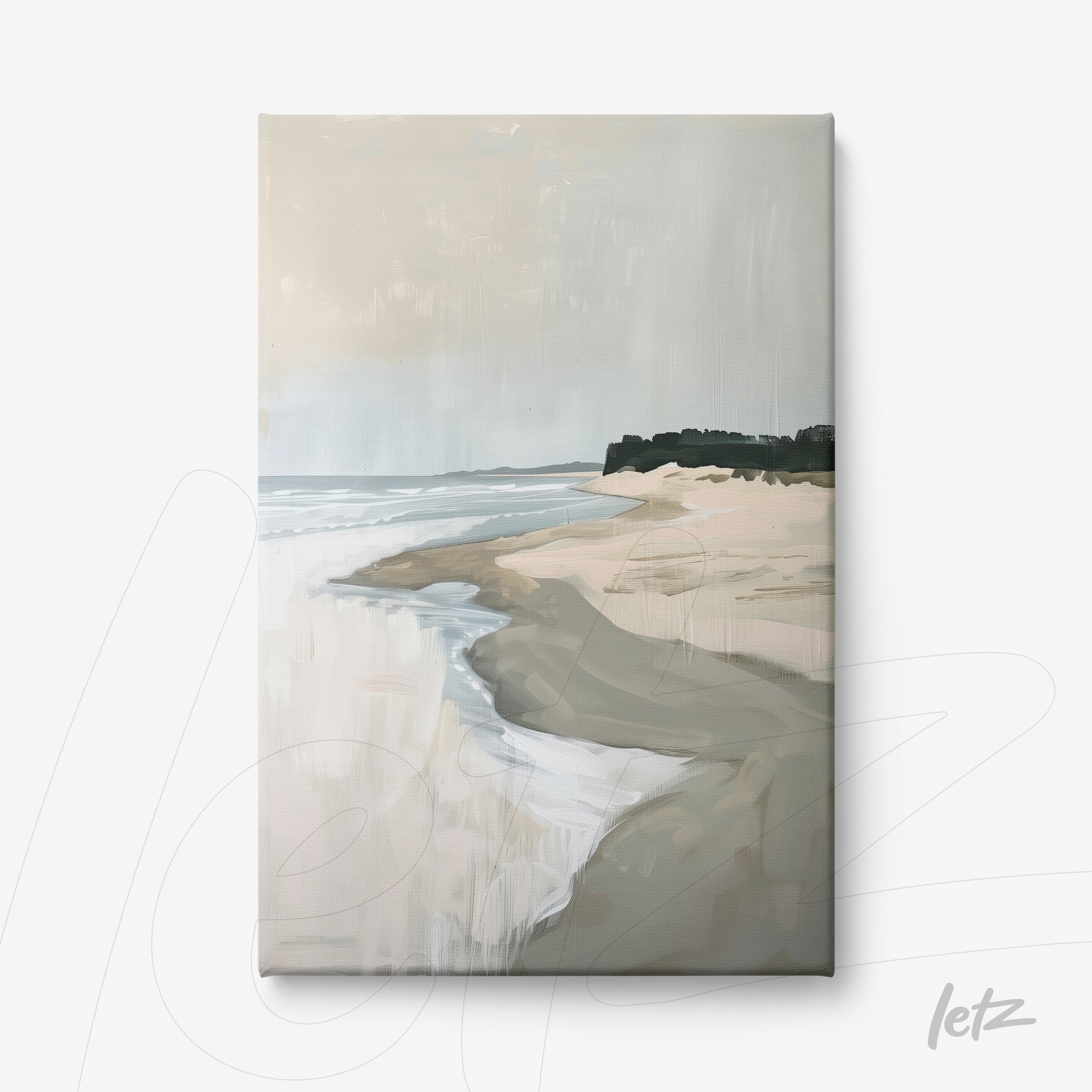 canvas art of a serene beach scene with gentle waves and soft sand, dark vegetation in the background