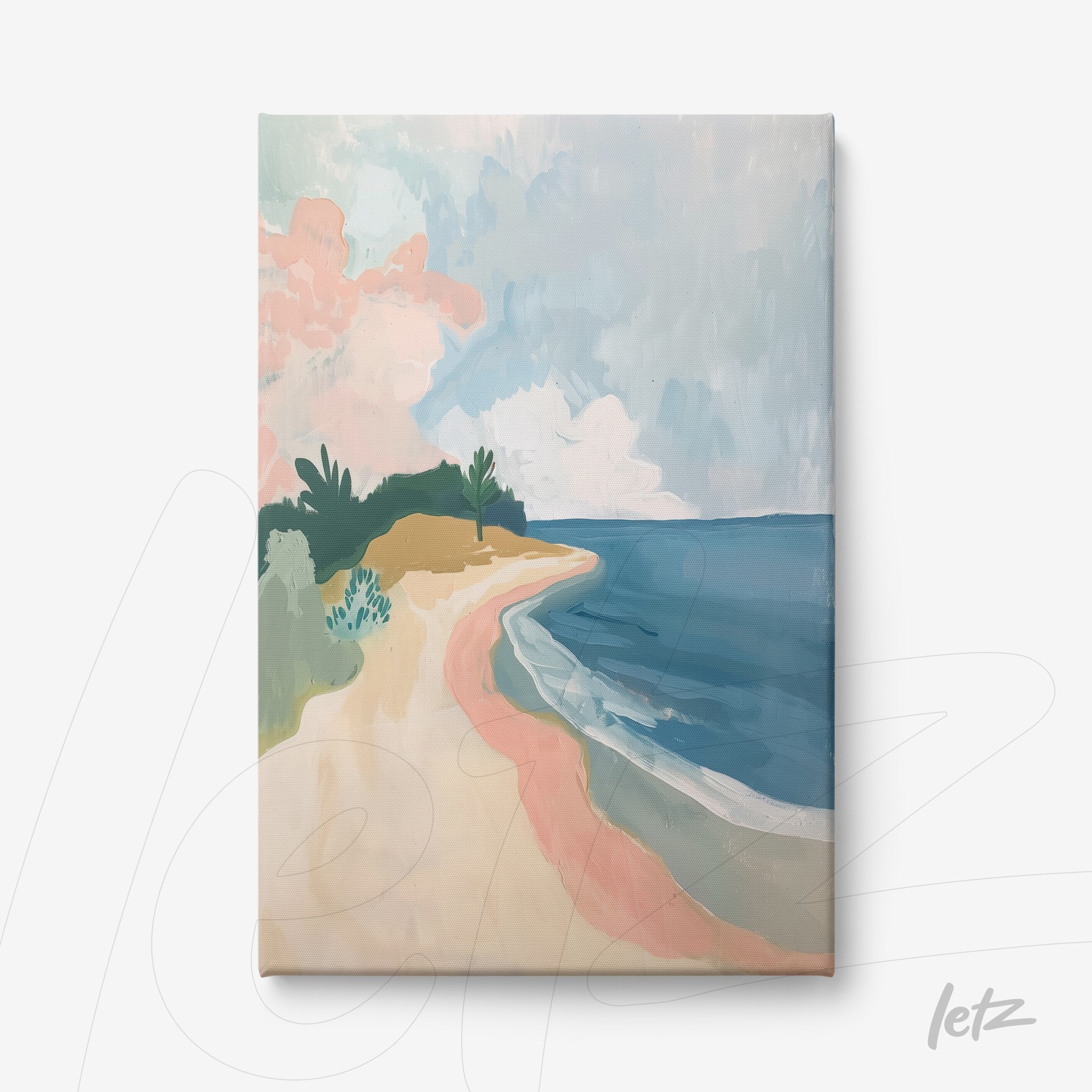 canvas artwork depicting a serene beach landscape with light blue sky, greenery on the left, and gentle waves on the right