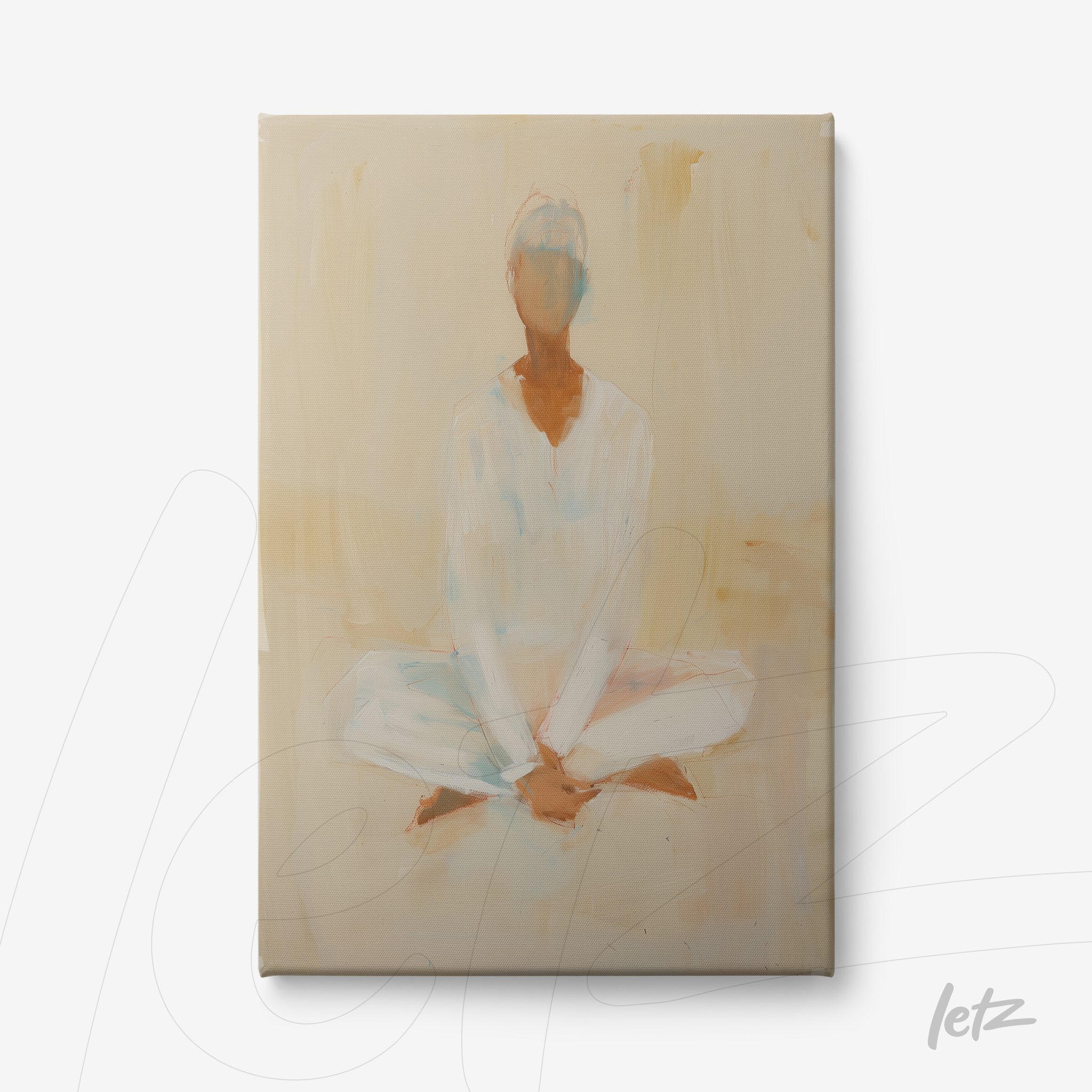 canvas artwork featuring an abstract figure in a meditative pose with soft brushstrokes in neutral tones and a light background
