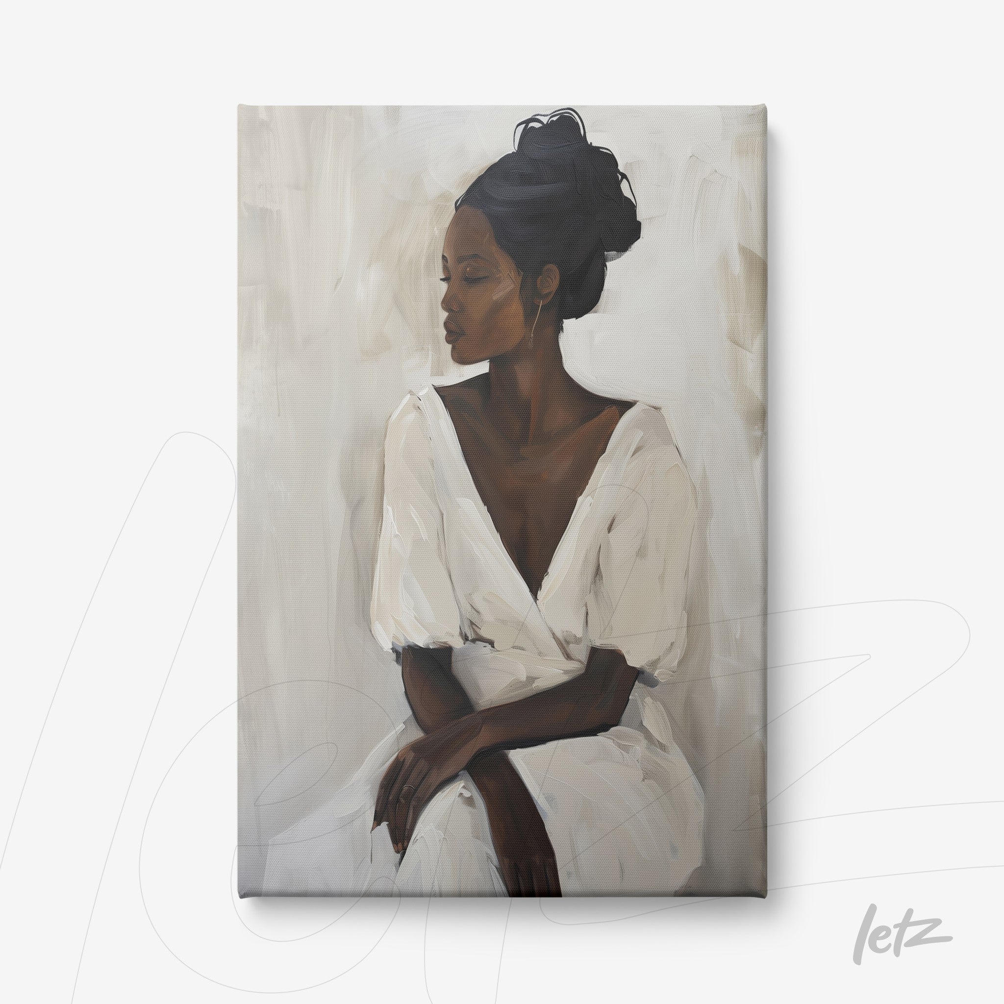 canvas print of a portrait of a dark-skinned woman in a white dress with her hair in a bun, set against an abstract neutral background