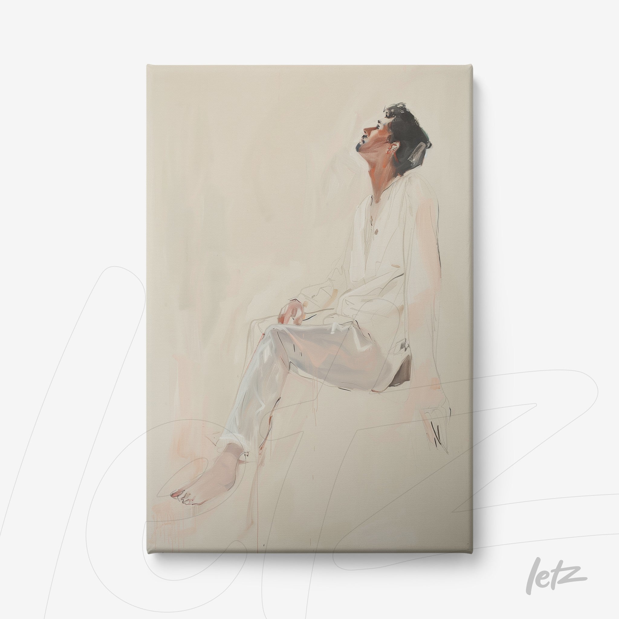 canvas art featuring a minimalist portrait of a man in a reflective pose wearing light clothing against a soft background
