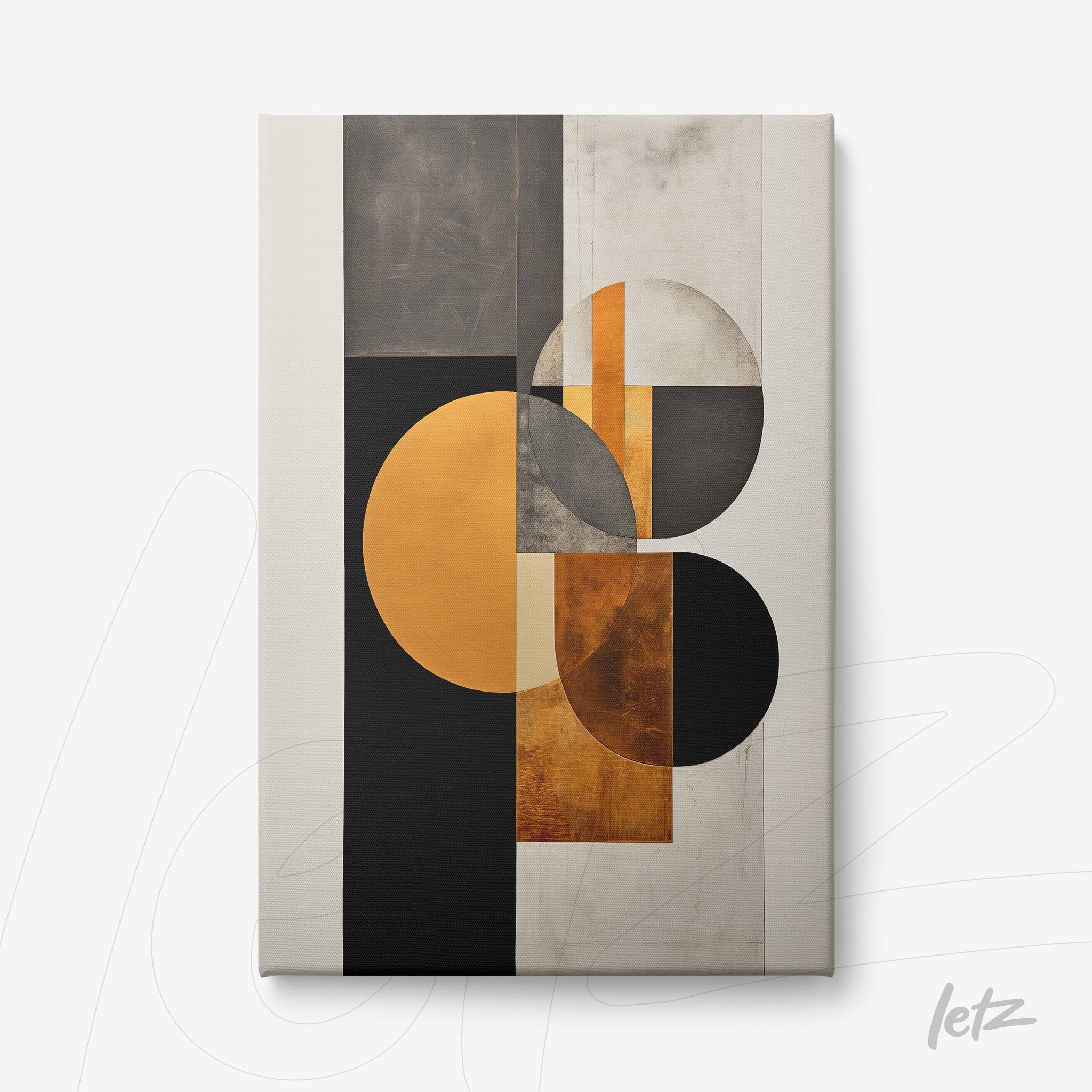 canvas art featuring modern geometric composition in black, gold, and gray tones, highlighting circular and rectangular shapes