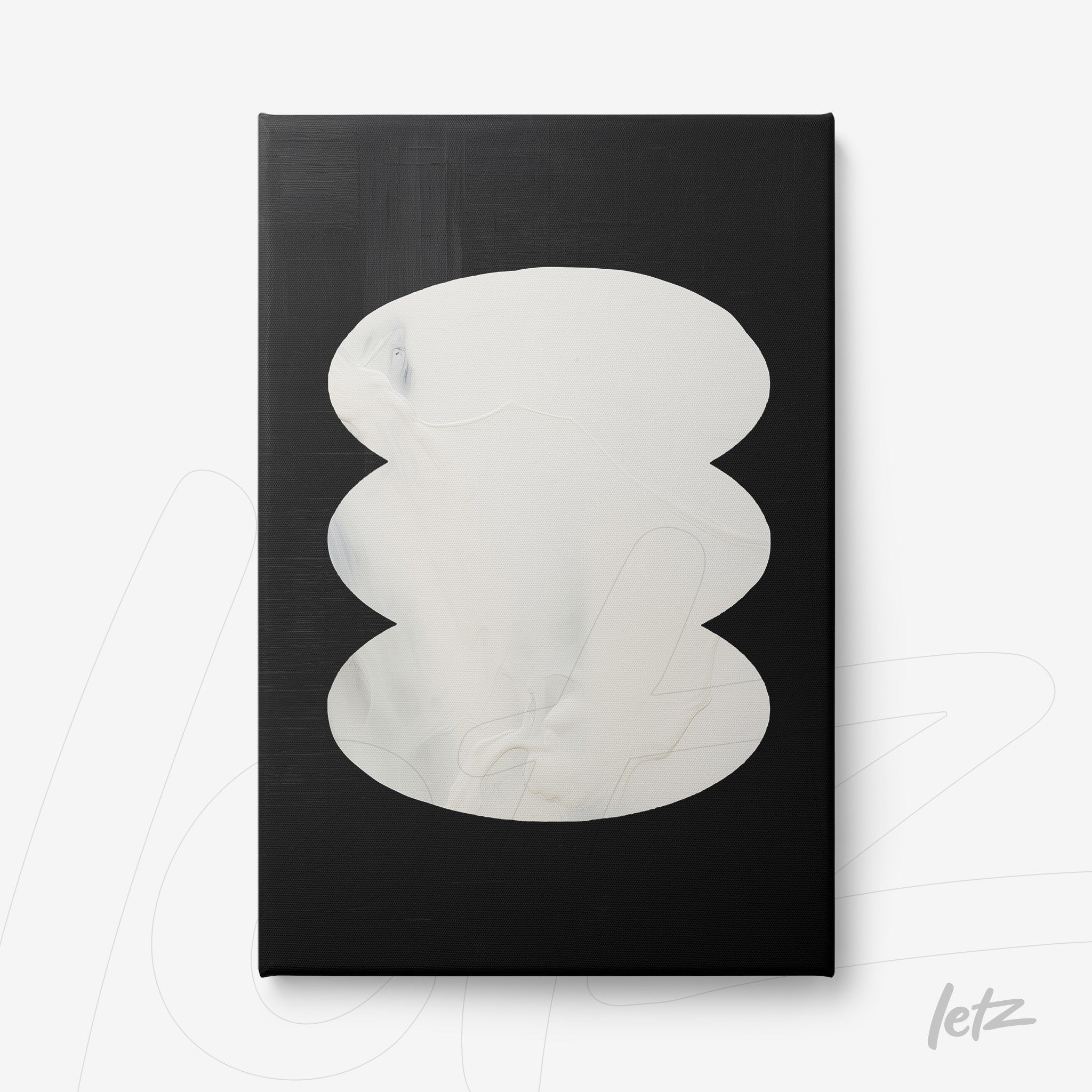 canvas art featuring abstract composition with white shapes on black background
