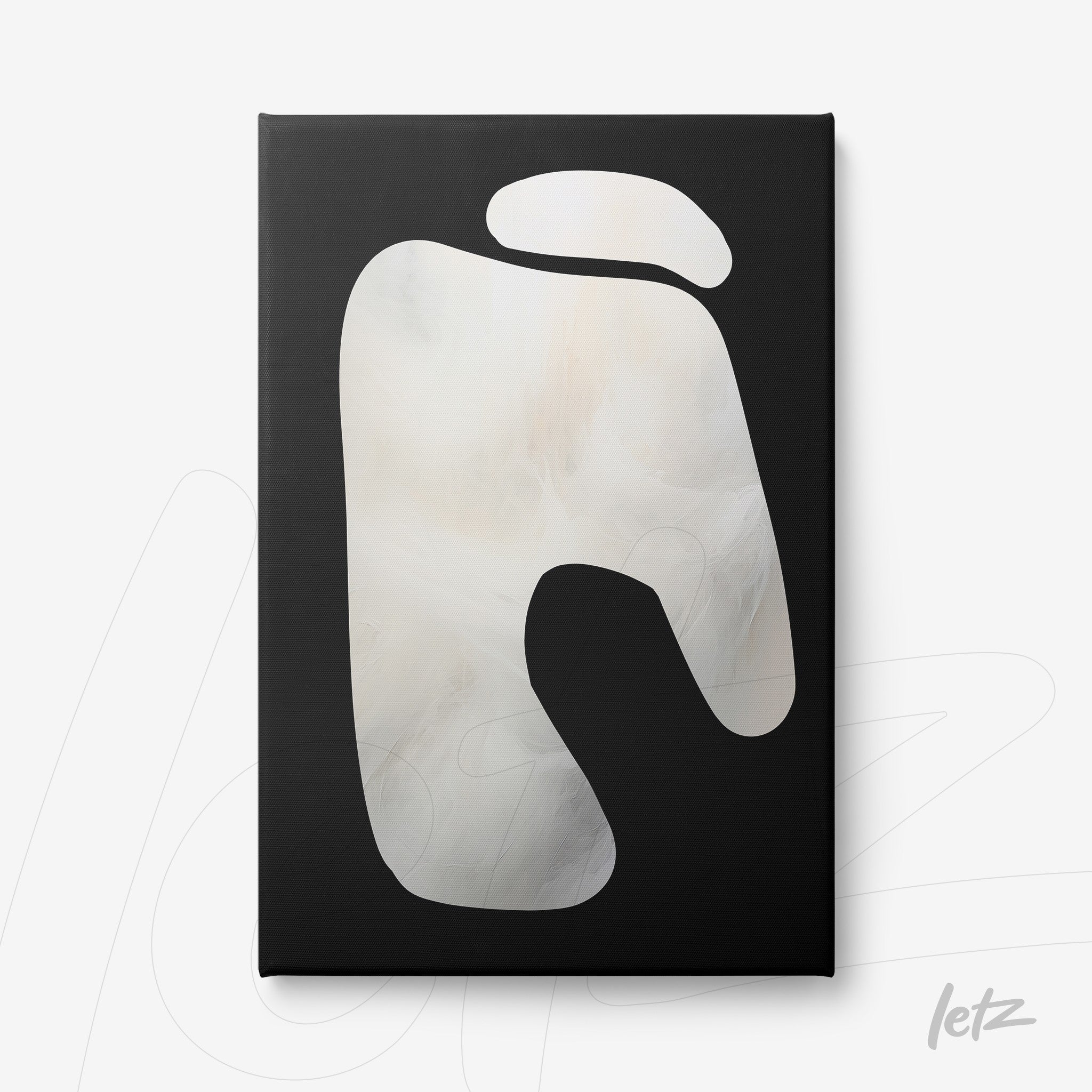 canvas artwork featuring abstract black and white design with flowing shapes