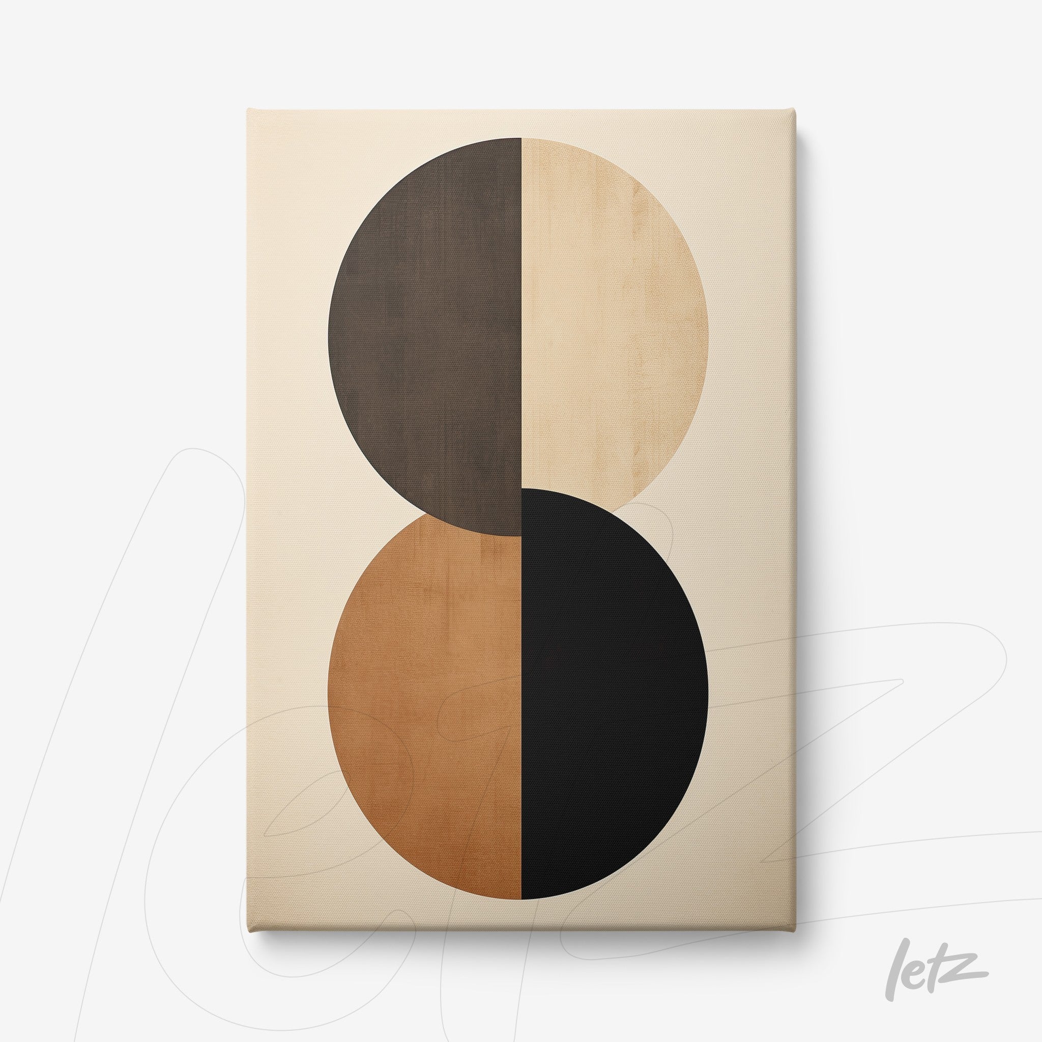 canvas artwork featuring a geometric composition of black, brown, and nude circles on a light background