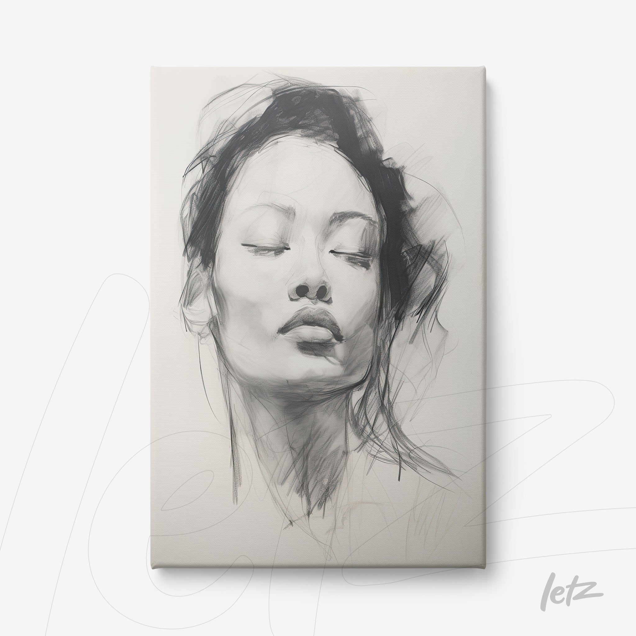 canvas artwork featuring a black and white illustration of a serene woman with closed eyes on a light background