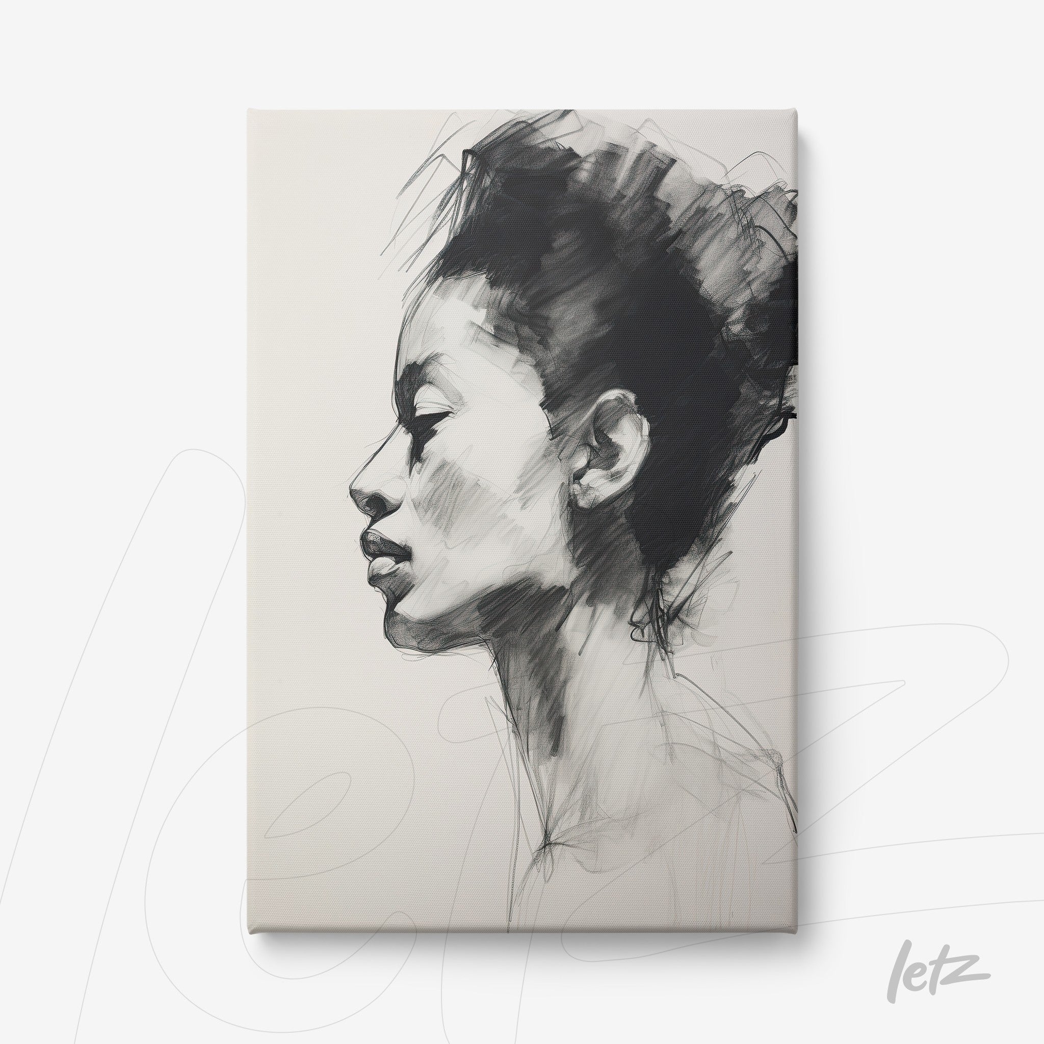 canvas wall art featuring a side profile portrait of a black woman with black strokes on a light background