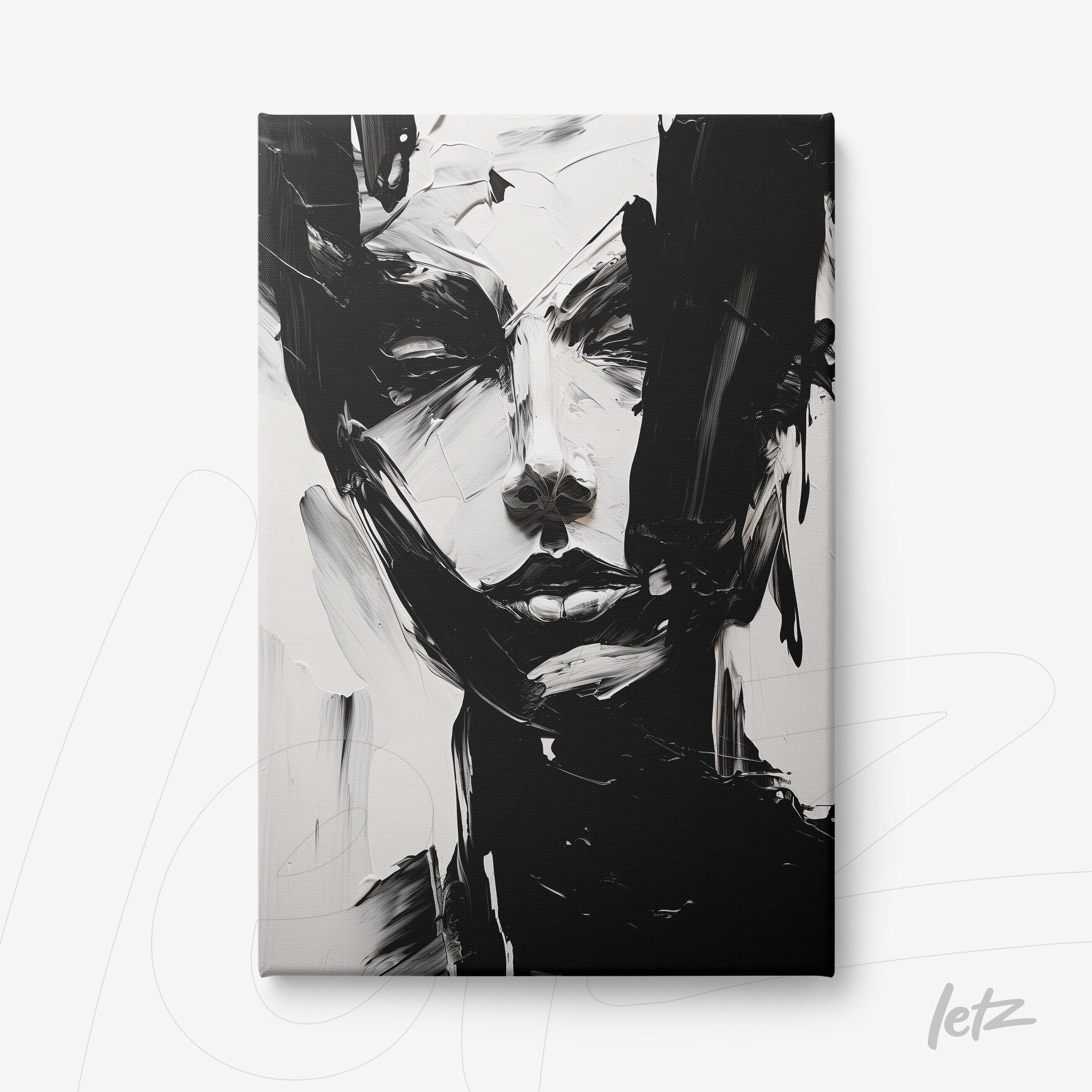 canvas print featuring an abstract portrait in black and white
