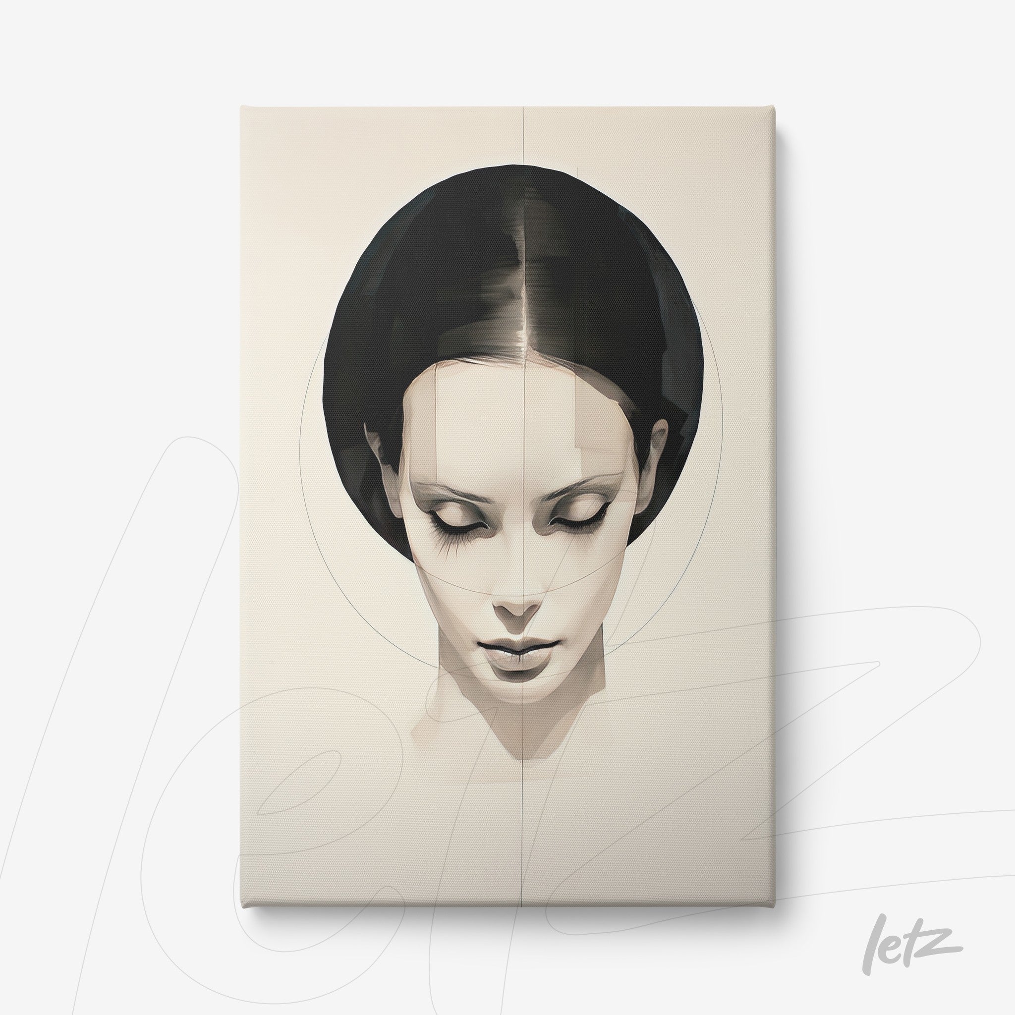 canvas art featuring a modern portrait of a female face in neutral tones with a light background