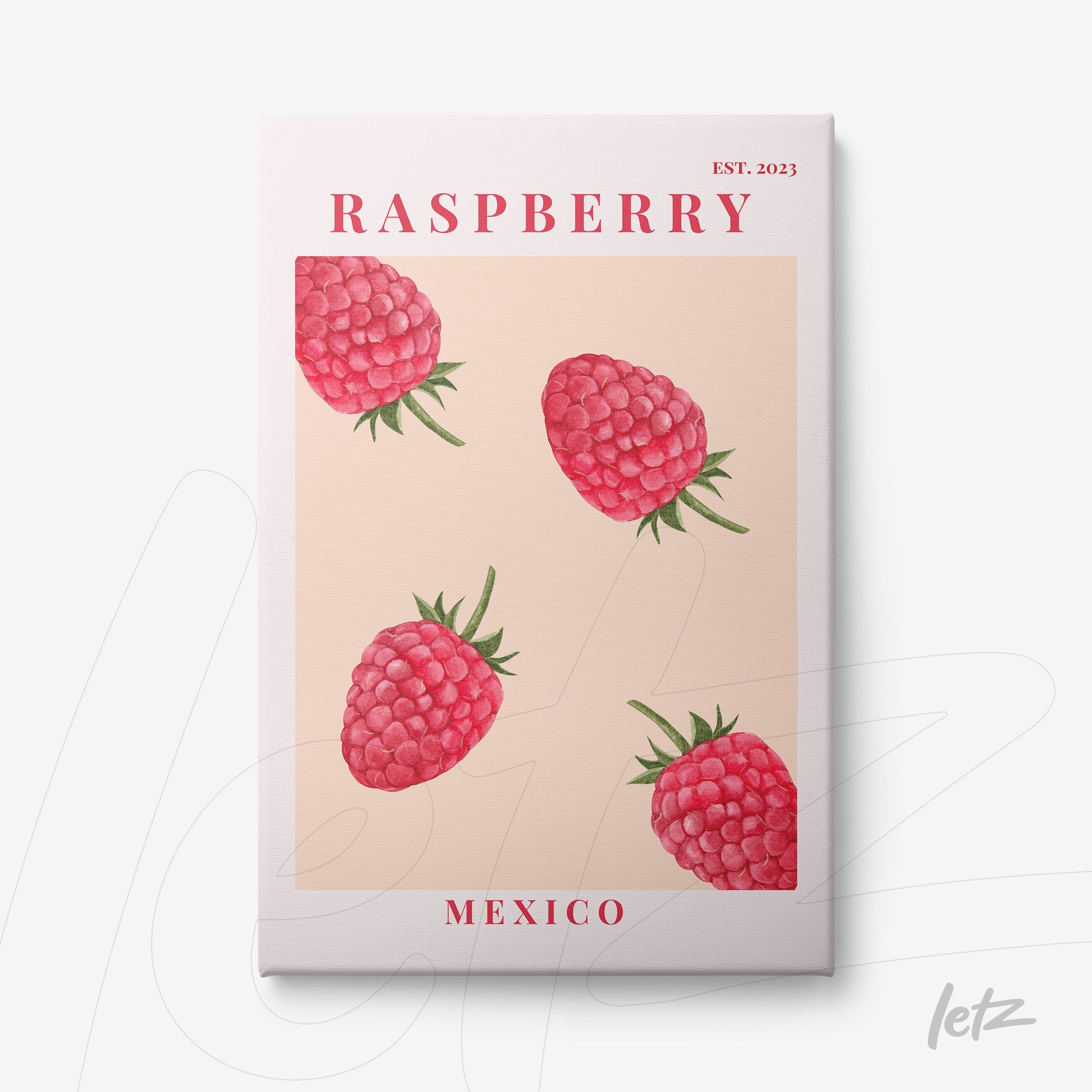 framed artwork featuring raspberries on a soft pink background with red lettering