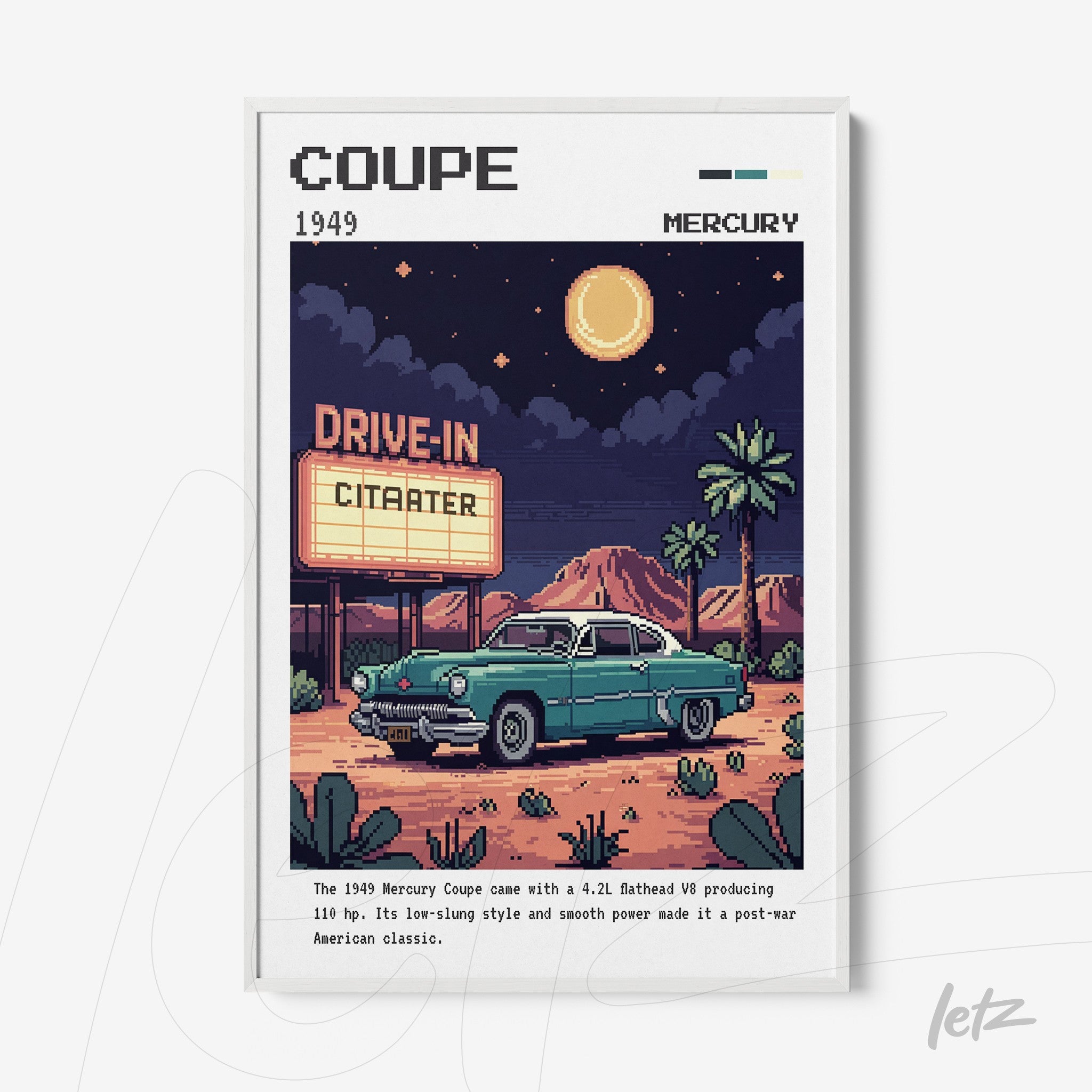 framed retro pixel art illustration of a 1949 mercury car with a nighttime background and drive-in marquee