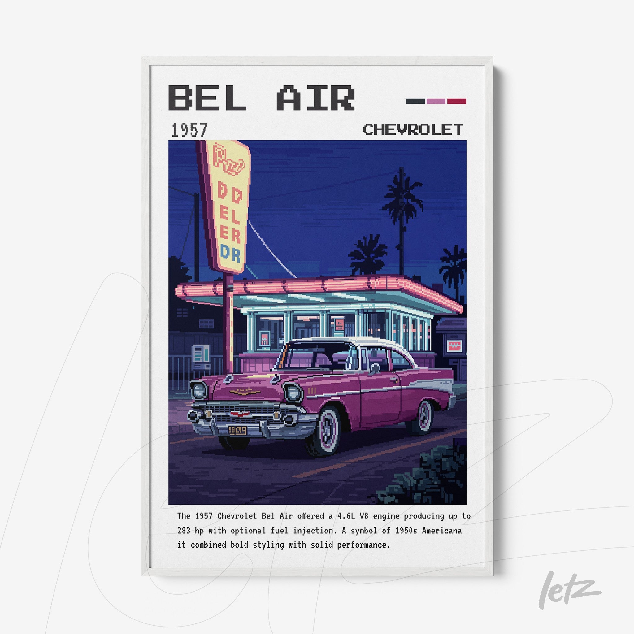retro digital art print of a 1957 Chevrolet Bel Air at a gas station showcasing vivid colors in a white frame