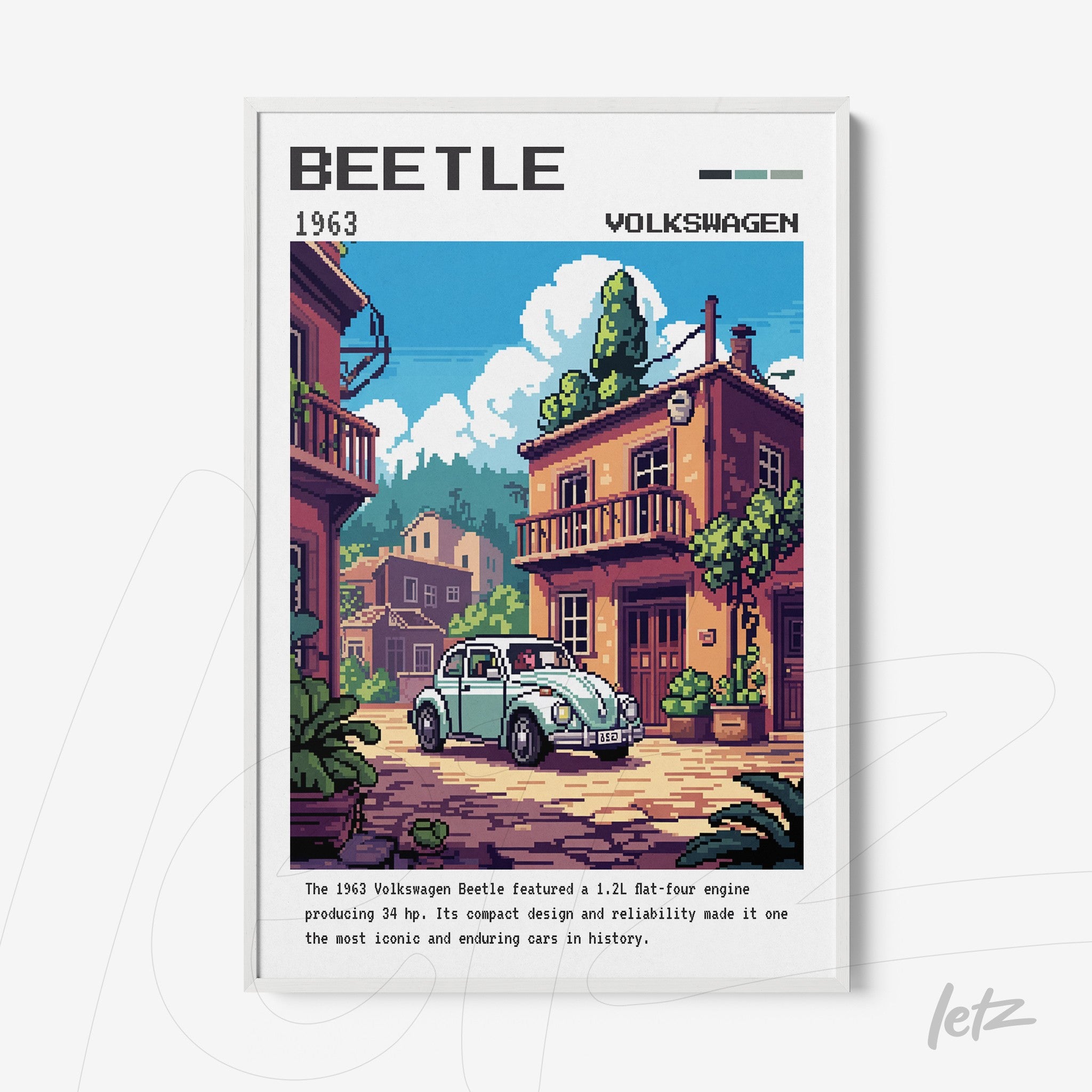 retro style digital art of 1963 volkswagen beetle in white frame