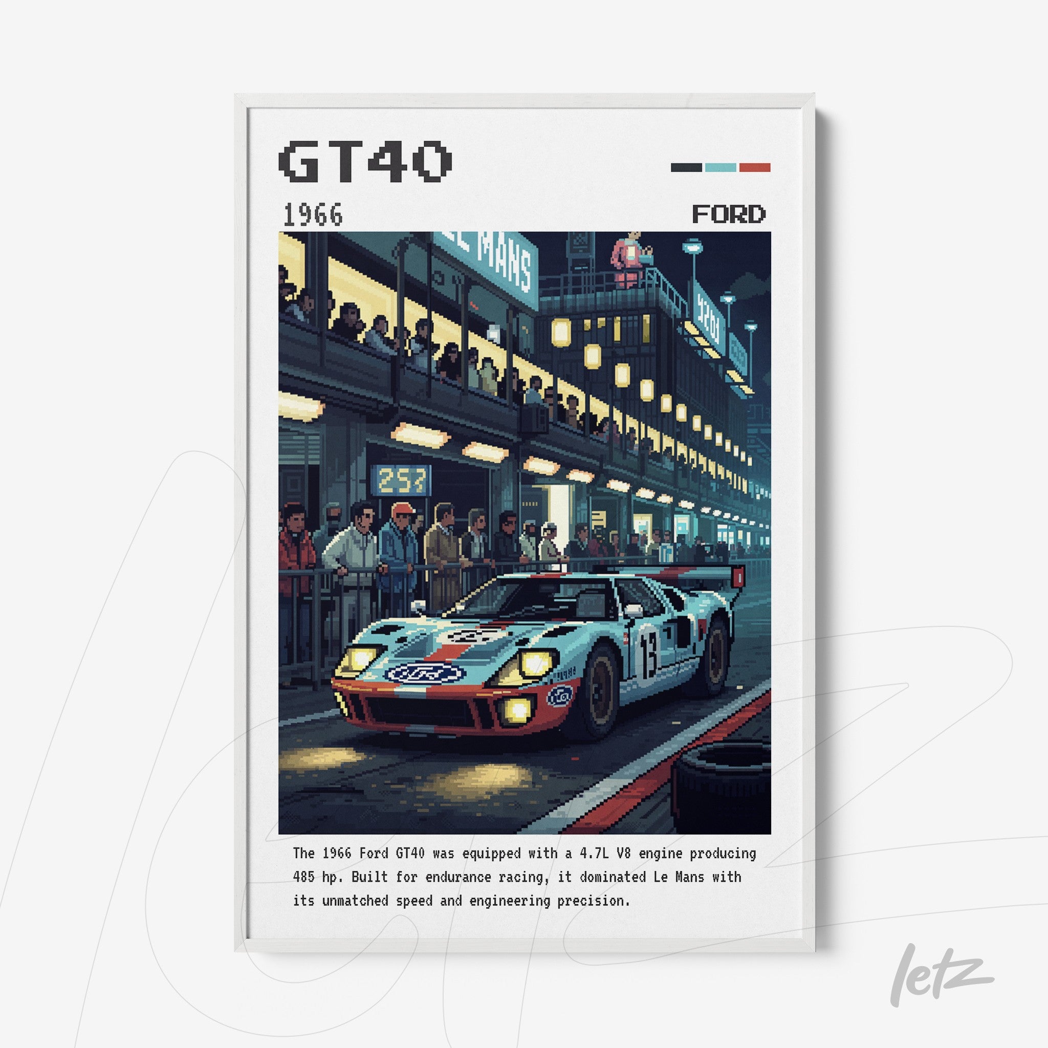 vintage style wall art featuring a ford gt40 car in a race with an audience in the background, white frame