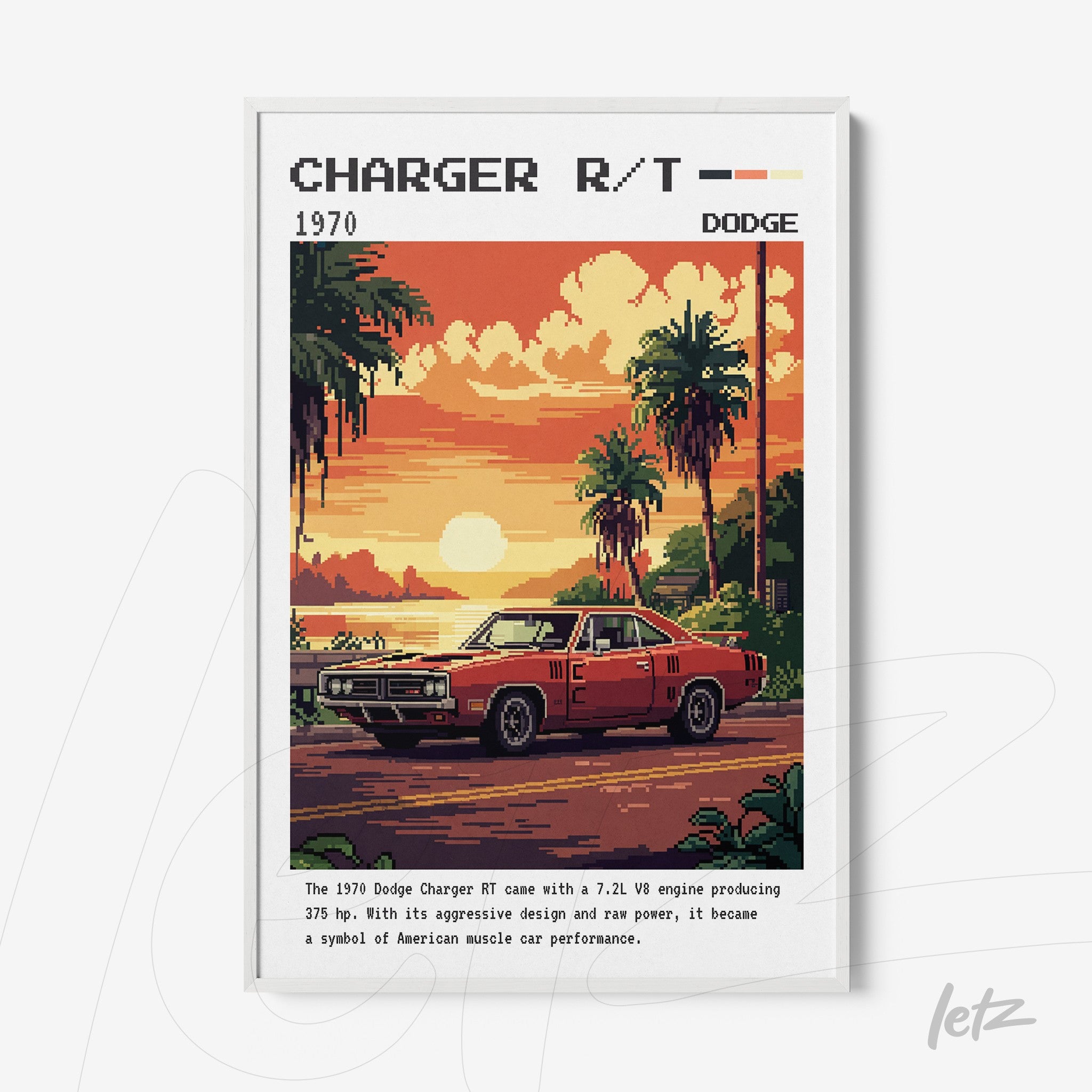digital artwork of a 1970 dodge charger r/t in a tropical setting with palm trees in the background