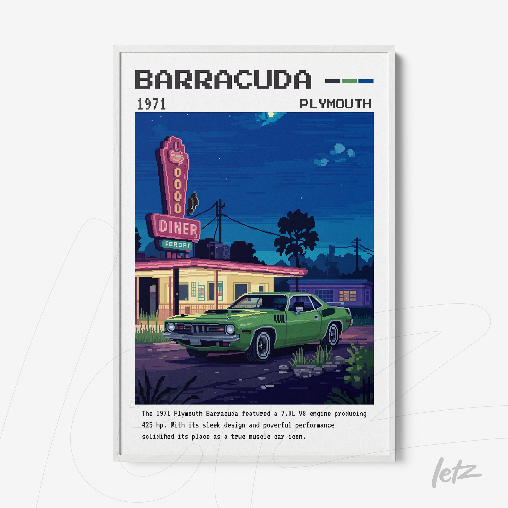 framed retro art featuring a 1971 Plymouth Barracuda in front of a classic diner with vibrant colors