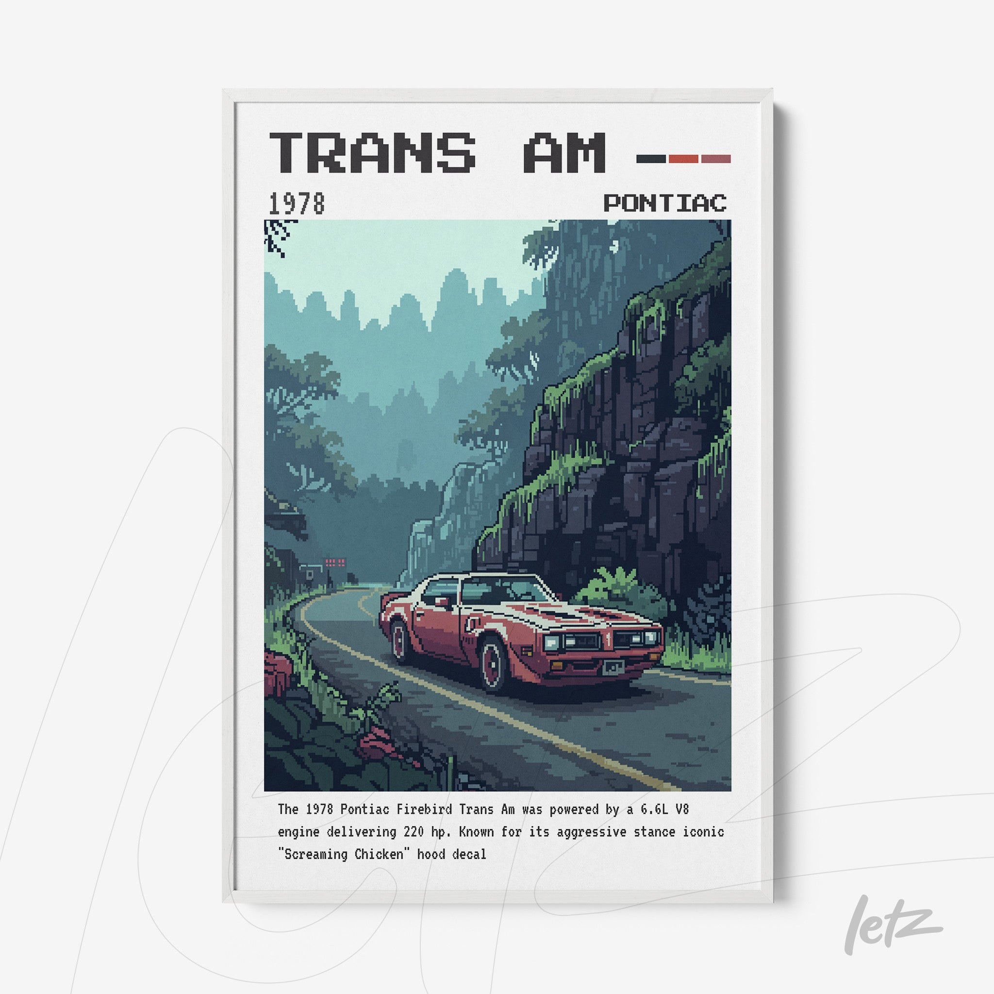 pixel art framed print of a Pontiac Trans Am car on a winding road surrounded by green mountains with a white frame