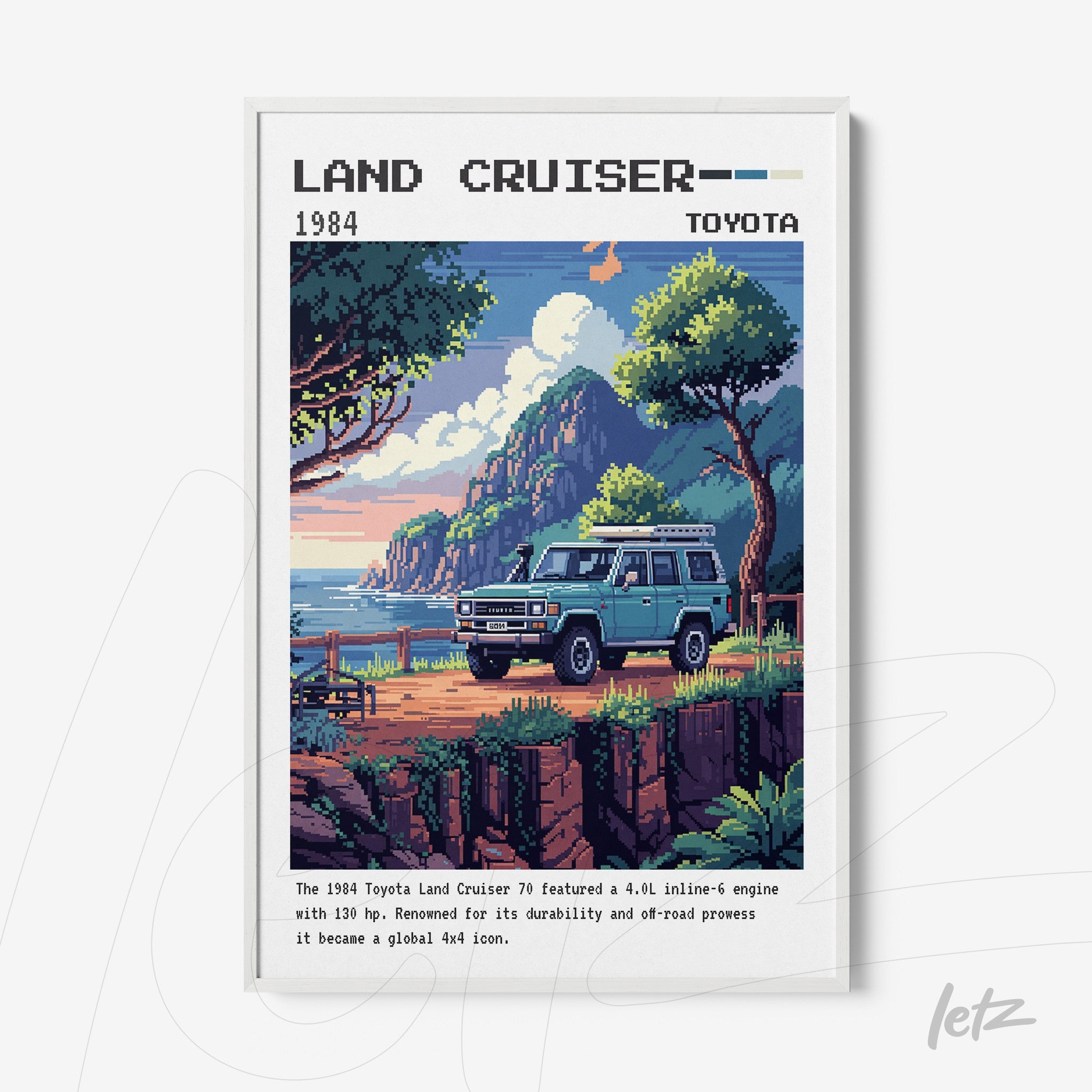 retro digital art print of the 1984 Toyota Land Cruiser with a mountainous nature background