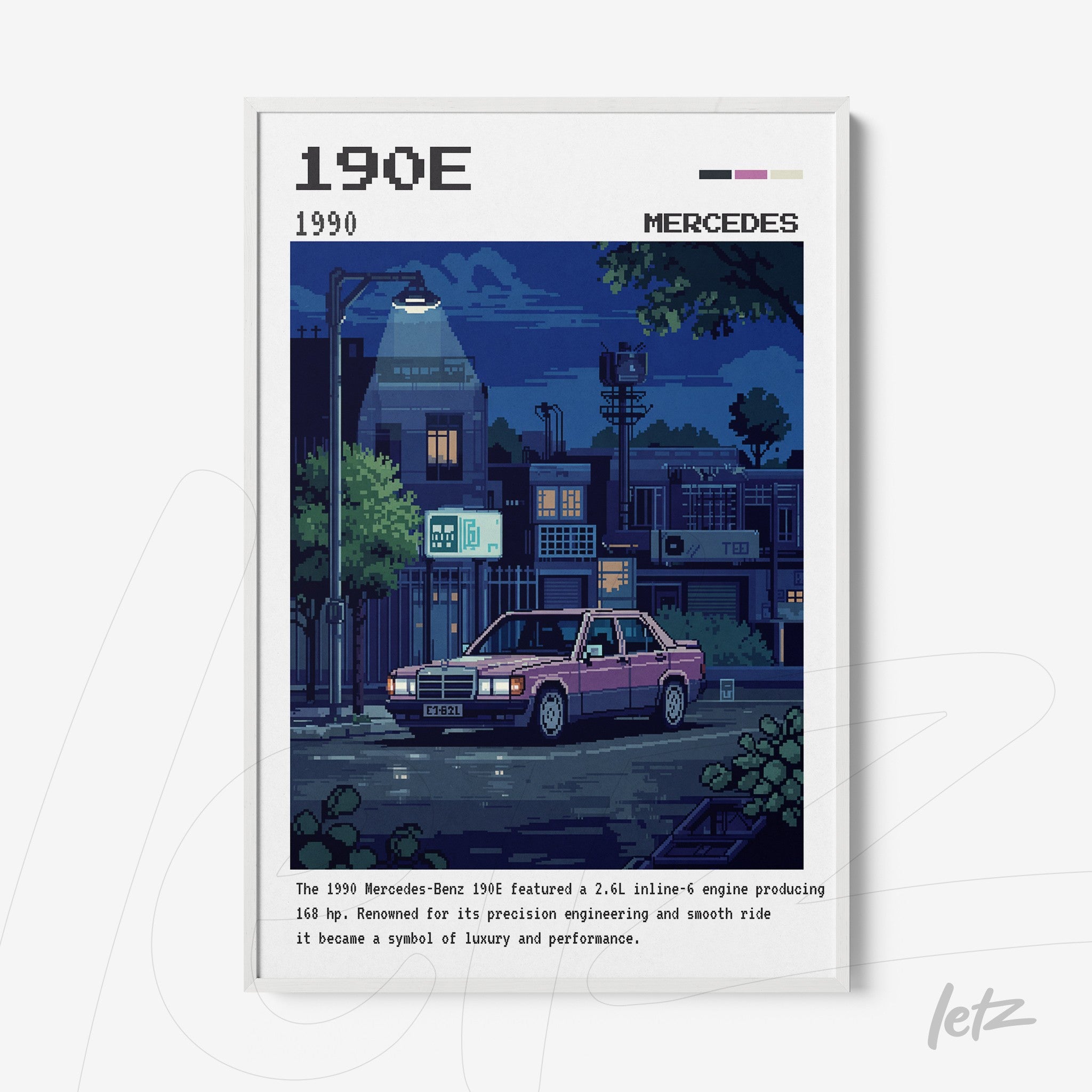pixel art of a mercedes-benz 190e parked on a street at night with urban lights, framed in a modern white frame