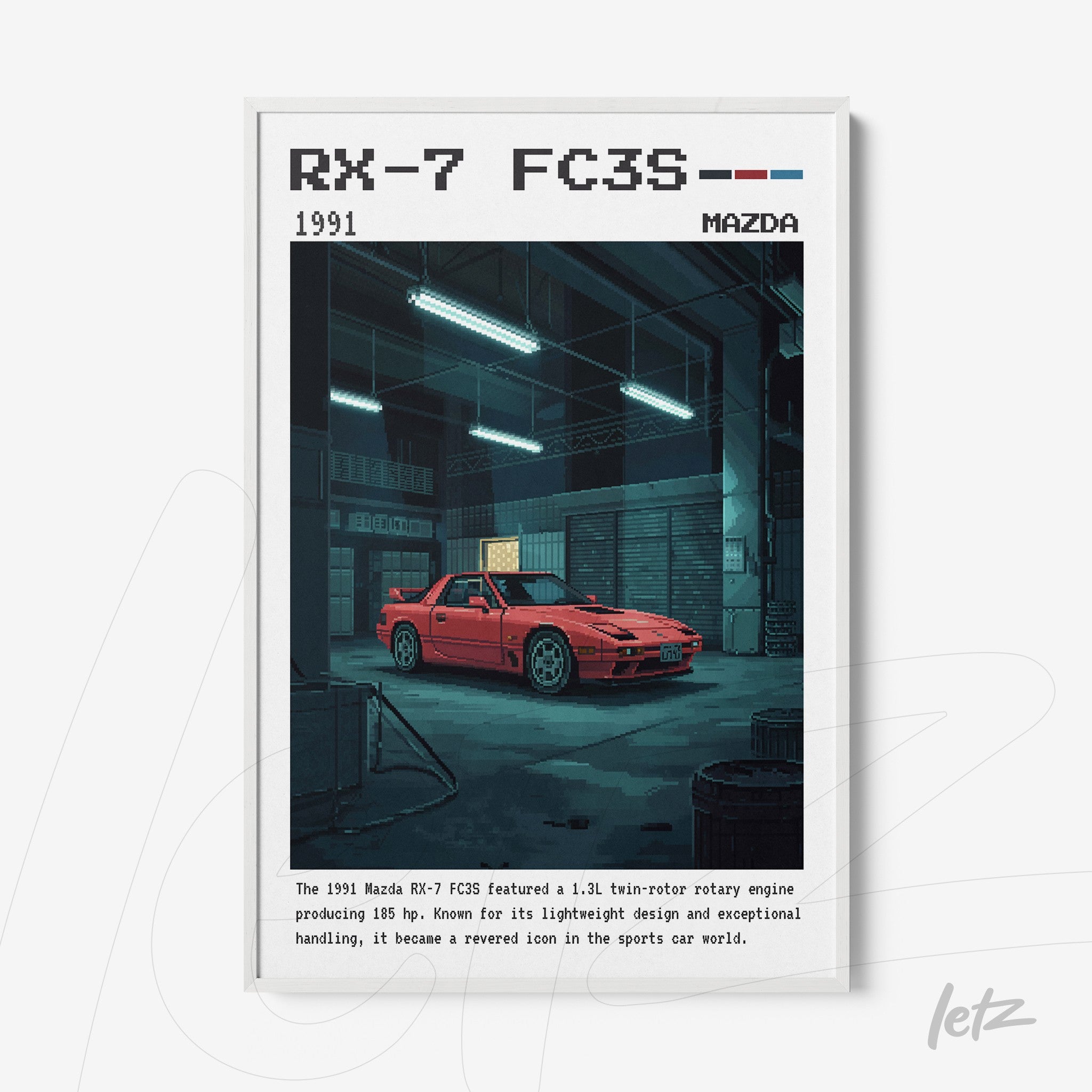framed digital art of a red Mazda RX-7 FC3S in a garage setting with muted tones