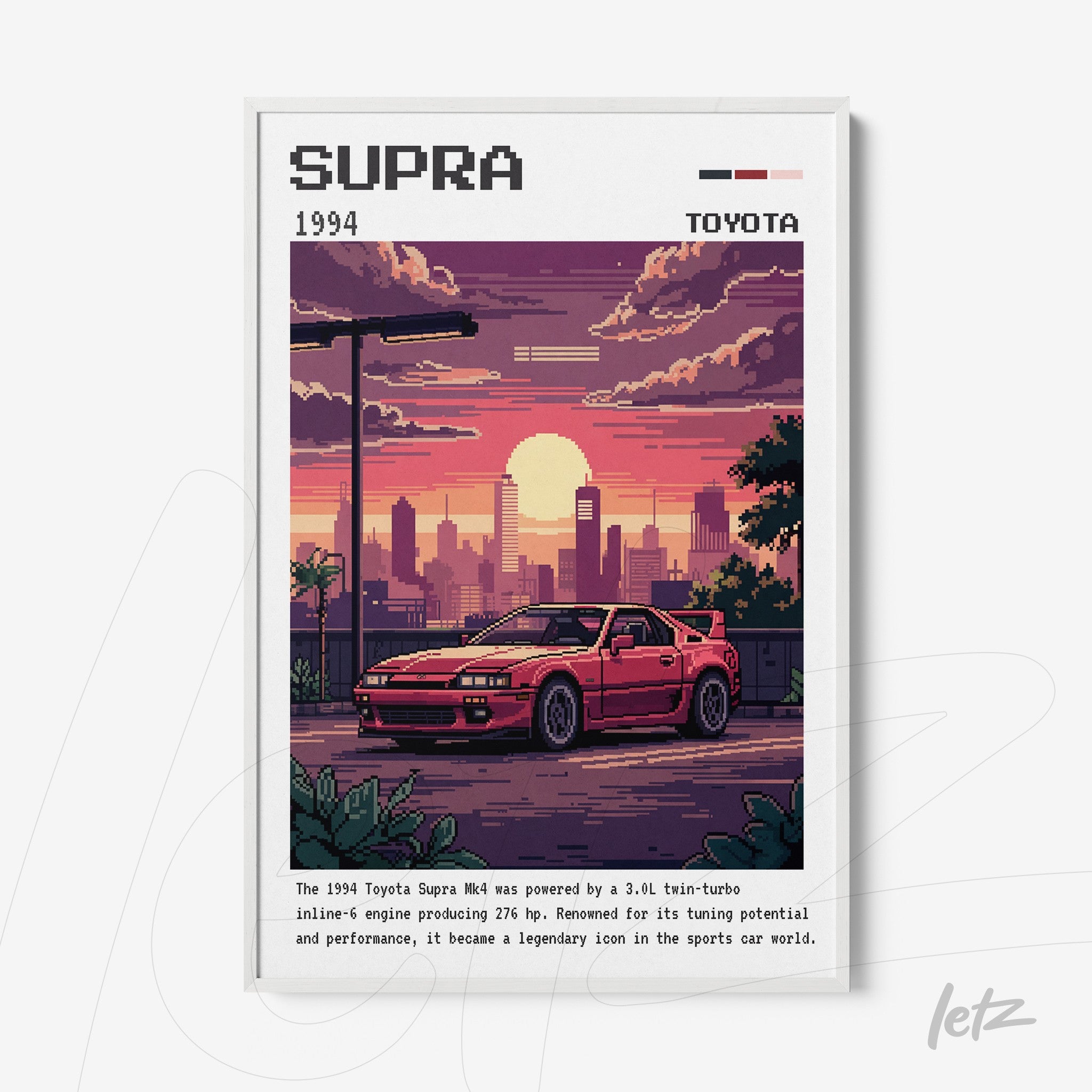 pixel art framed poster of a 1994 Toyota Supra sports car with white frame