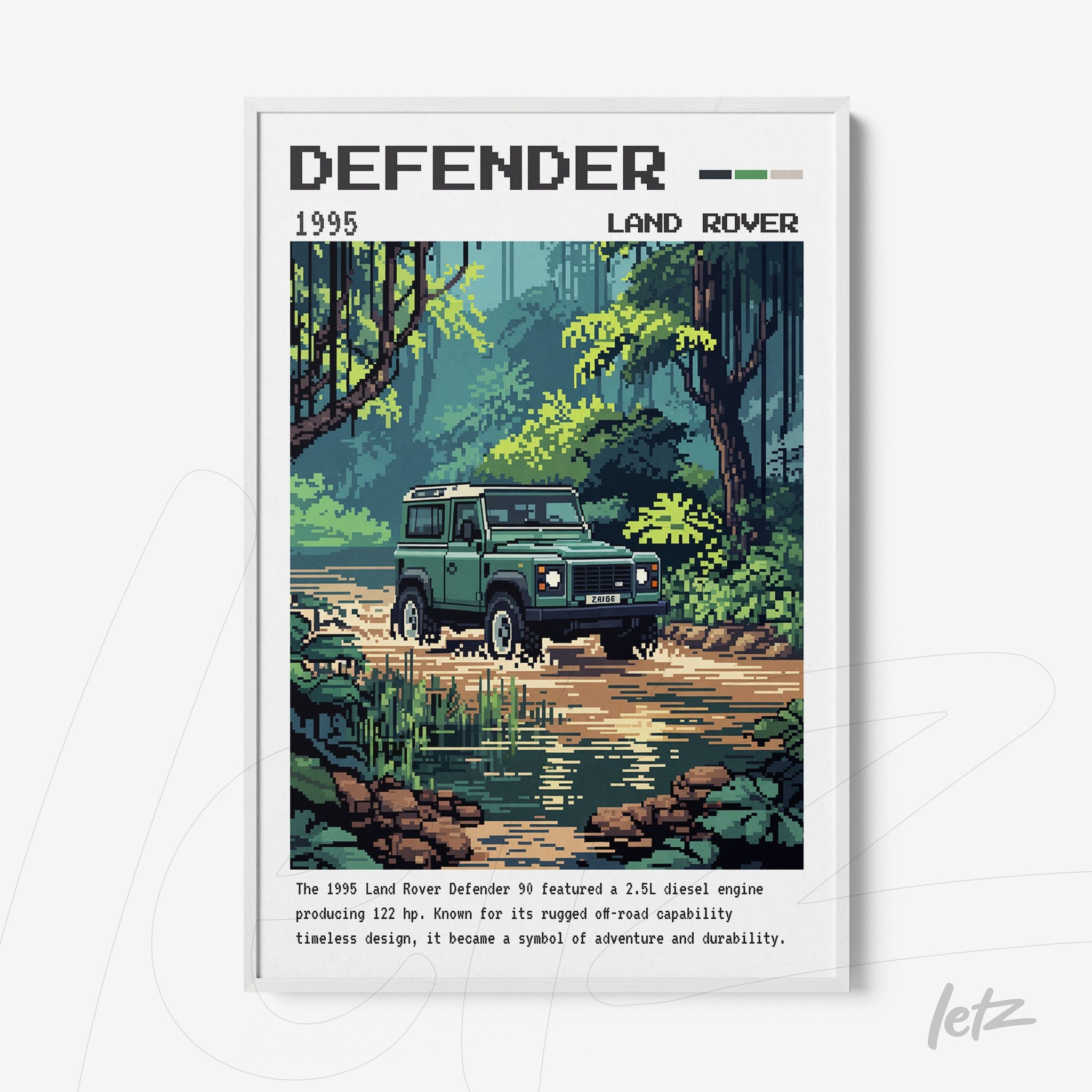 framed retro art of 1995 land rover defender in pixel art with forest background