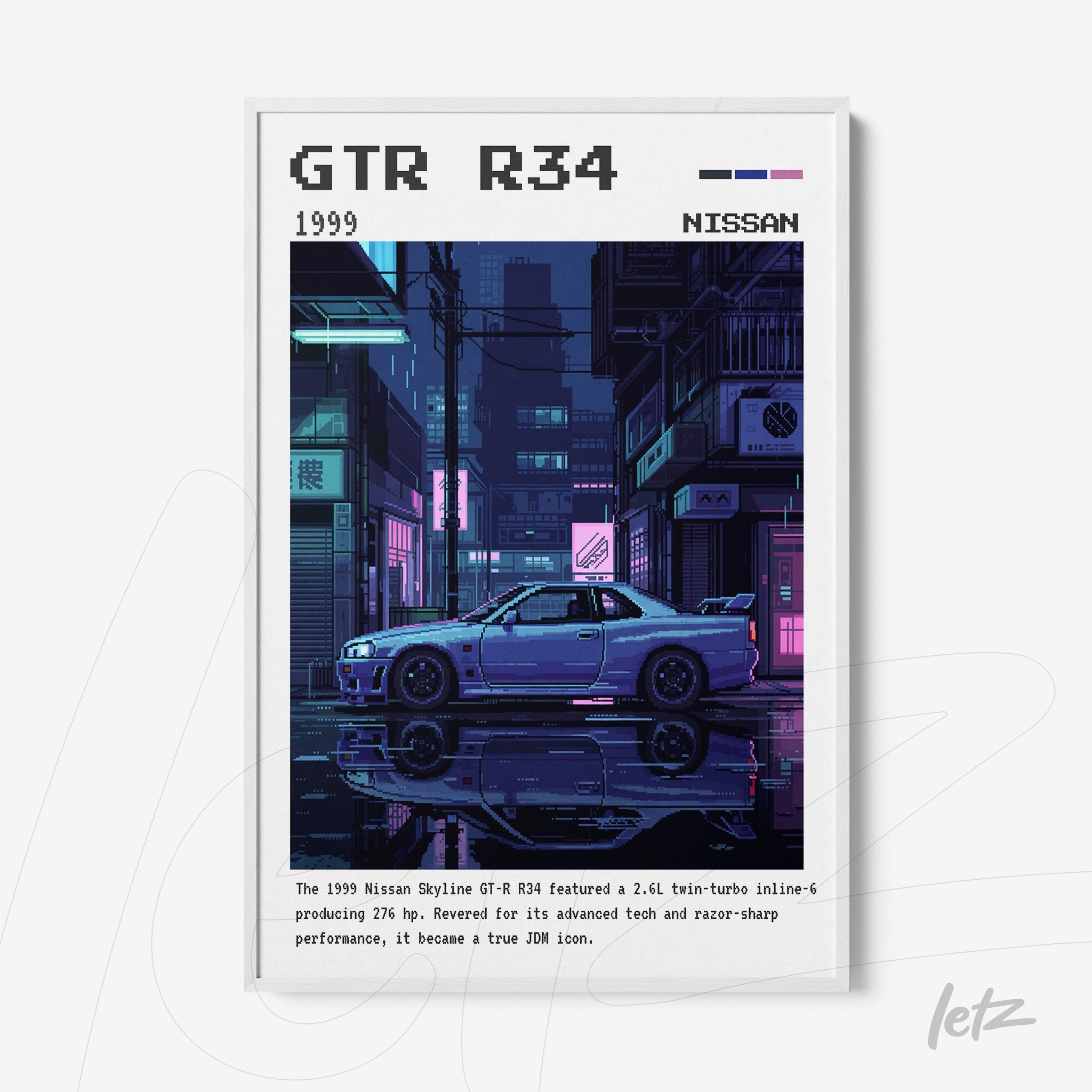 digital art print of Nissan GTR R34 in a nighttime urban setting, white frame