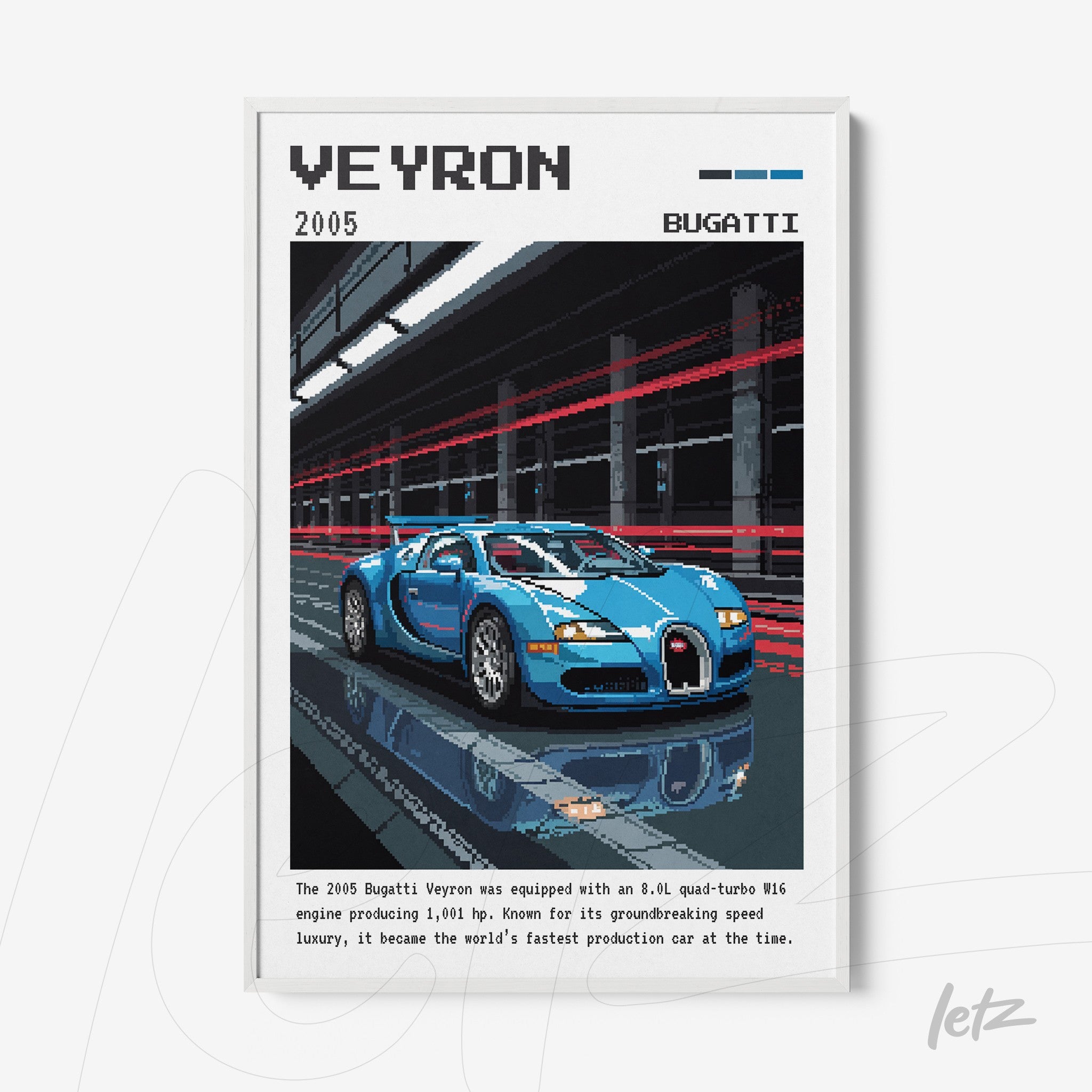 framed digital art displaying the Bugatti Veyron sports car with a white frame