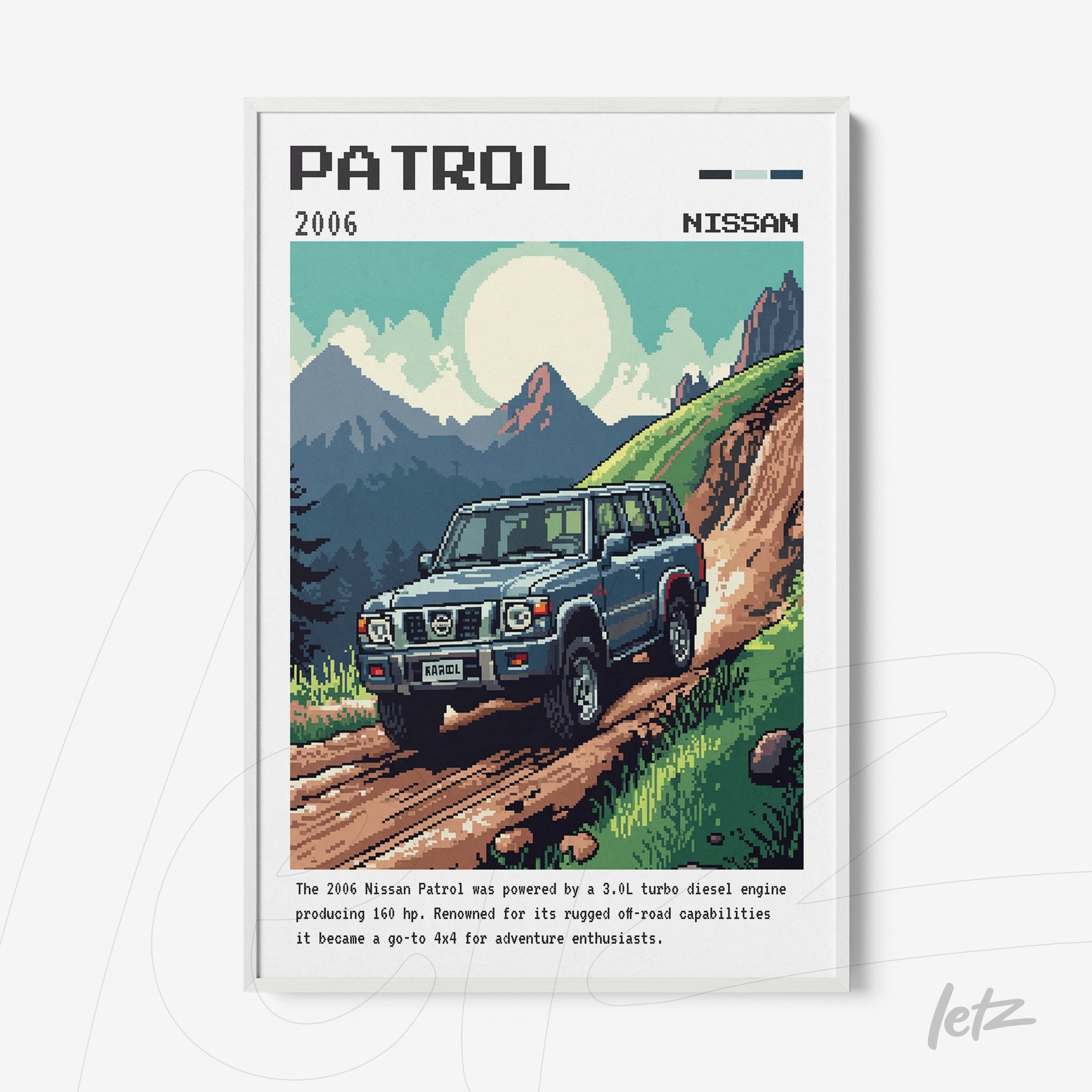 retro style digital art of 2006 Nissan Patrol on a winding mountain road with white frame