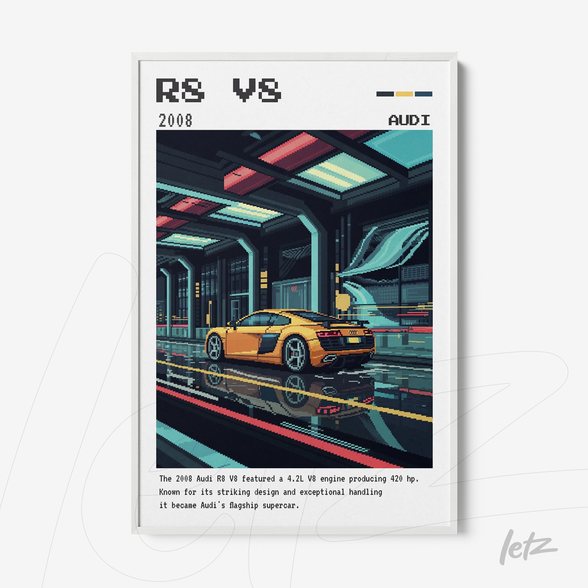 framed digital art of Audi R8 sports car in retro style with colorful background