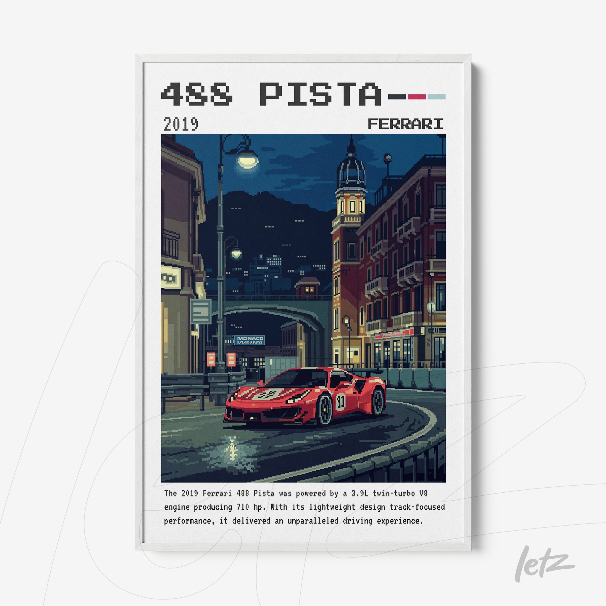 framed digital art of Ferrari 488 Pista sports car with white frame and nighttime urban background