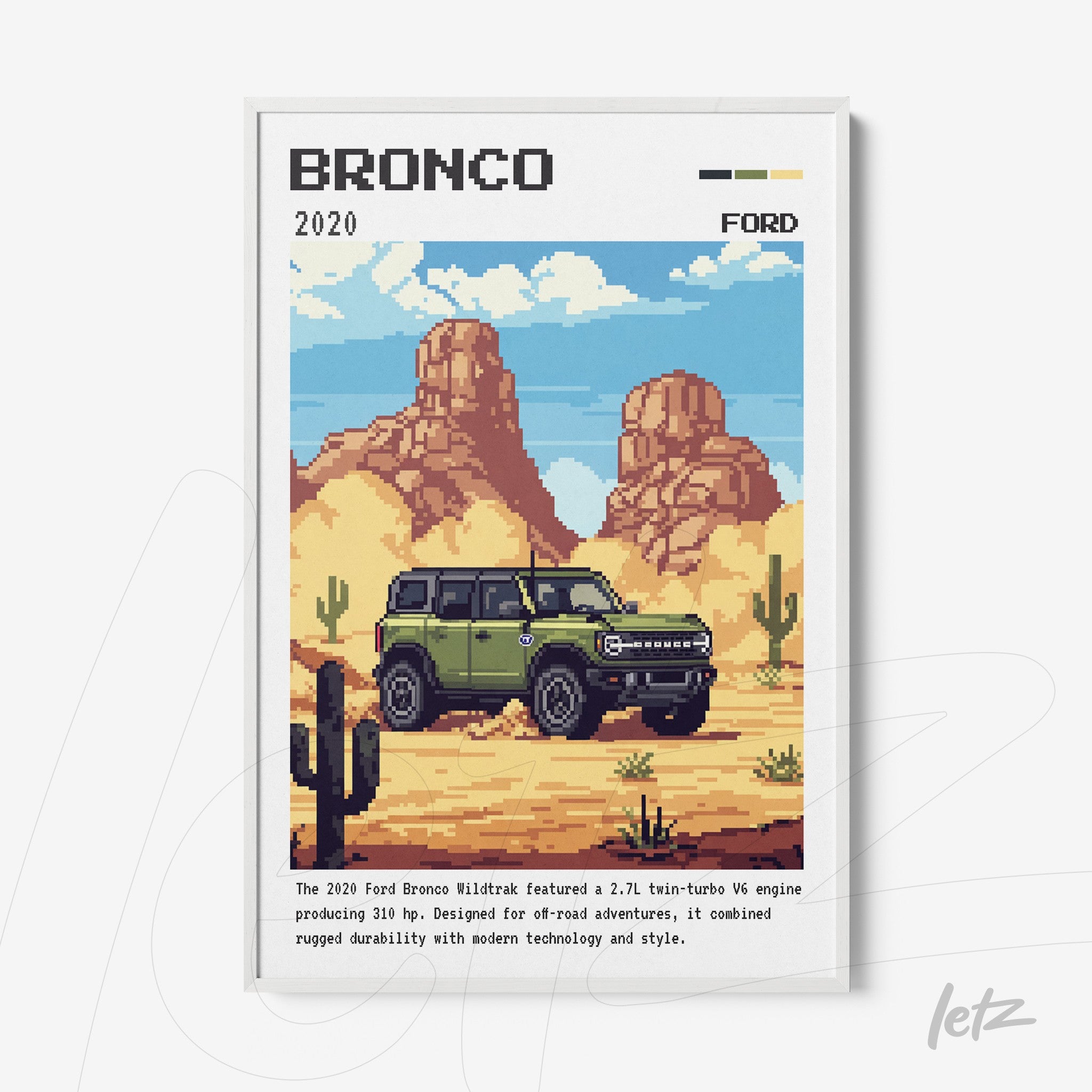 framed retro illustration of the 2020 Ford Bronco in a desert landscape with mountains and cacti
