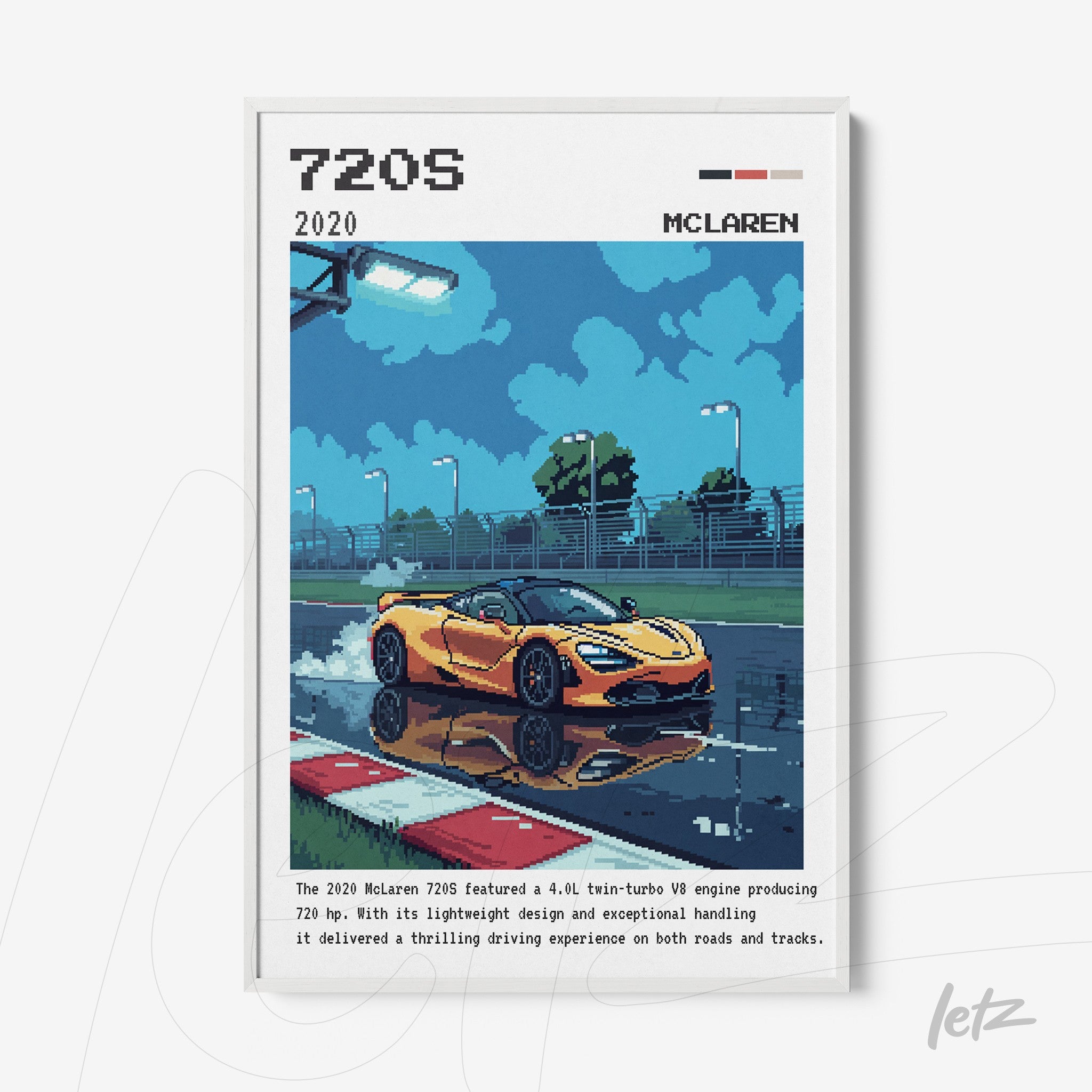 framed digital art of a yellow McLaren 720S on a wet track reflecting on the ground with white frame