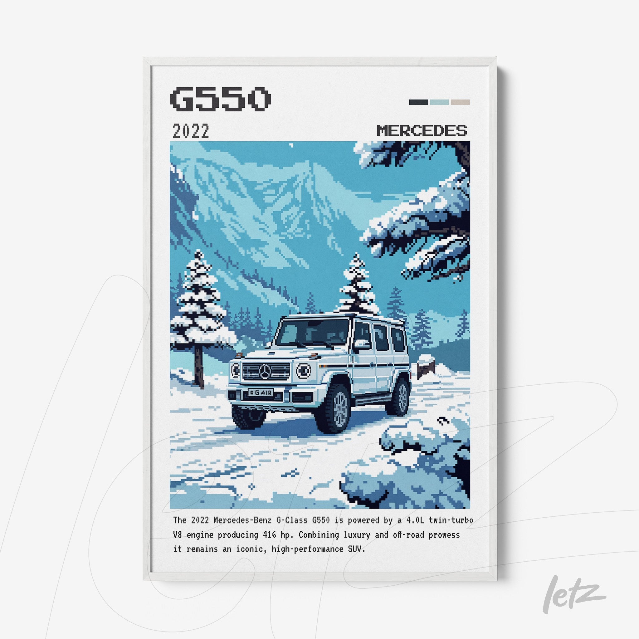 pixel art print of the Mercedes-Benz G-Class G550 in a blue mountain landscape