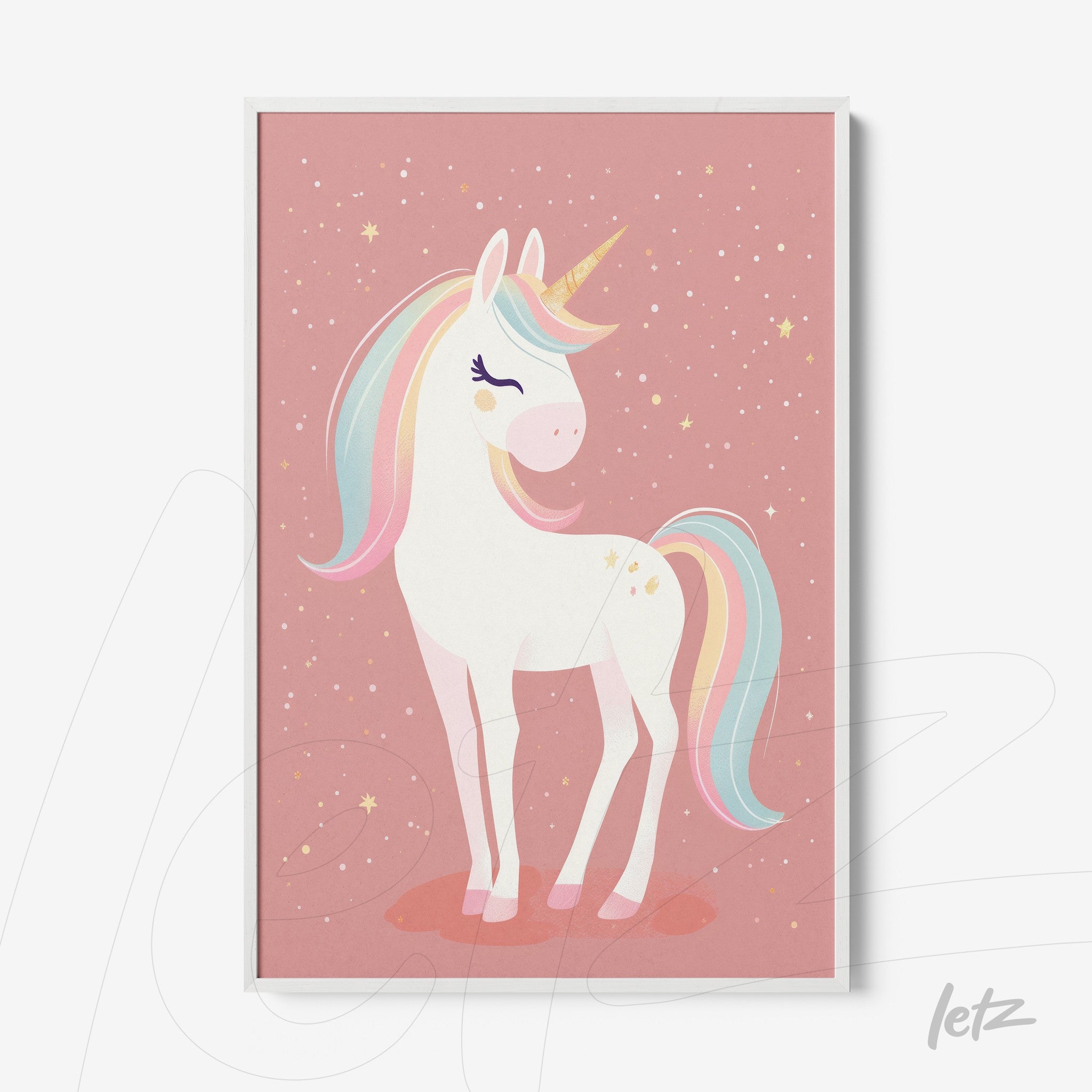 framed art print of a unicorn on pink background with white frame