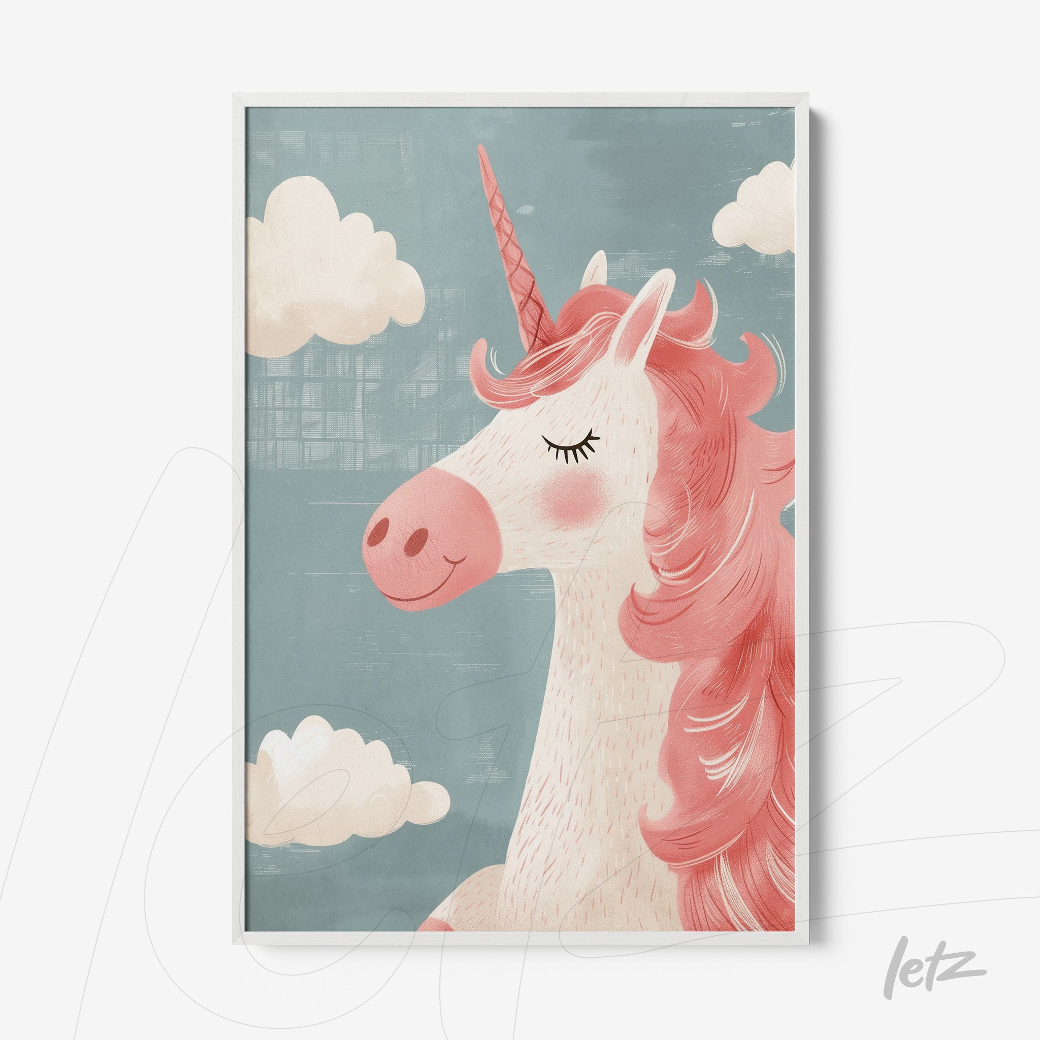framed wall art featuring a cute unicorn with pink mane against a light blue background