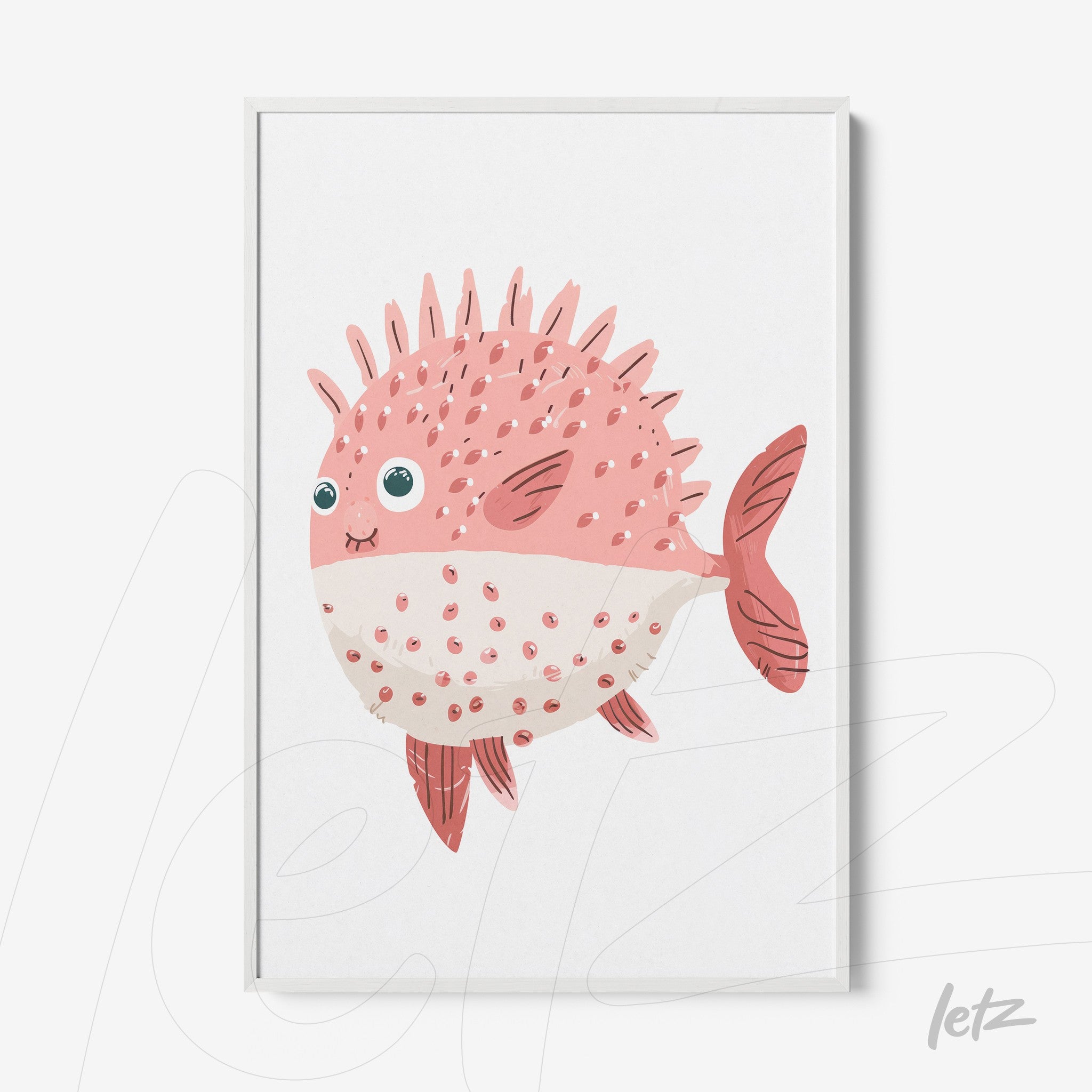 framed art of a pink pufferfish with spikes and big eyes on a white background